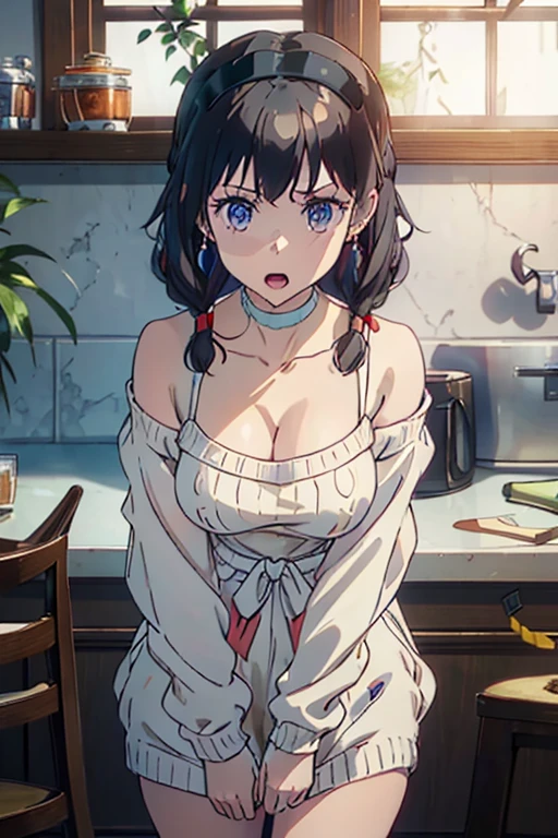 masterpiece, yor, 1girl, Amazing Cleavage:1.3, thin waist, big ass, Raised sexy, medium breast: 1.8 posed cleavage:1.2、solo, looking at viewer, open mouth, have a cup of coffee,black hair, red eyes, dress, bare shoulders, jewelry, collarbone, sidelocks, hairband, earrings, indoors, off shoulder, :o, sweater, arms behind back, plant, short hair with long locks, white hairband, off-shoulder dress, sweater dress, off-shoulder sweater, red sweater, big side hair, very long side hair,is rendered in (masterpiece: 1.2, best quality), with (ultra high resolution) and an exquisite (depth of field). This masterpiece is not only visually stunning but also tells, teach of cooking ,in the kitchen
