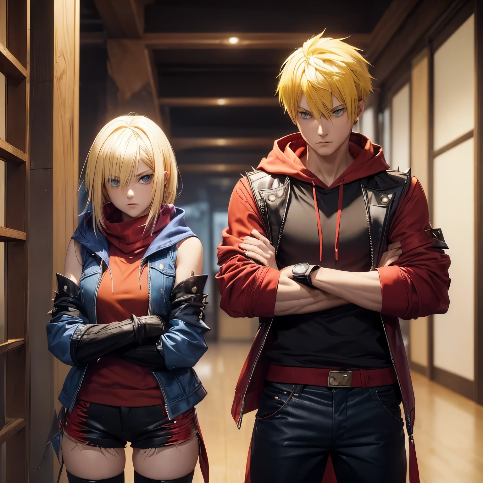 ((Couple)), ((26 years old, male,Yellow hair, Blue eyes), Spiky hair)). 

((26 Years Old), female, Indigo Hair), Hime Cut, Bang)),, red scarf, red hoodie vest, sleeveless, black pants, black gloves, slim, up to legs, intimidating aura