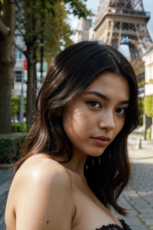Young French Japanese mixed race 22 years old, cheveux long noir , beautiful detailed face, yeux noirs en amande, Beautiful lip, corps naturels , devant la tour eiffel,visage et corps Face à la caméra, reflet du soleil sur son visage , Elegantly dressed, eyeliner