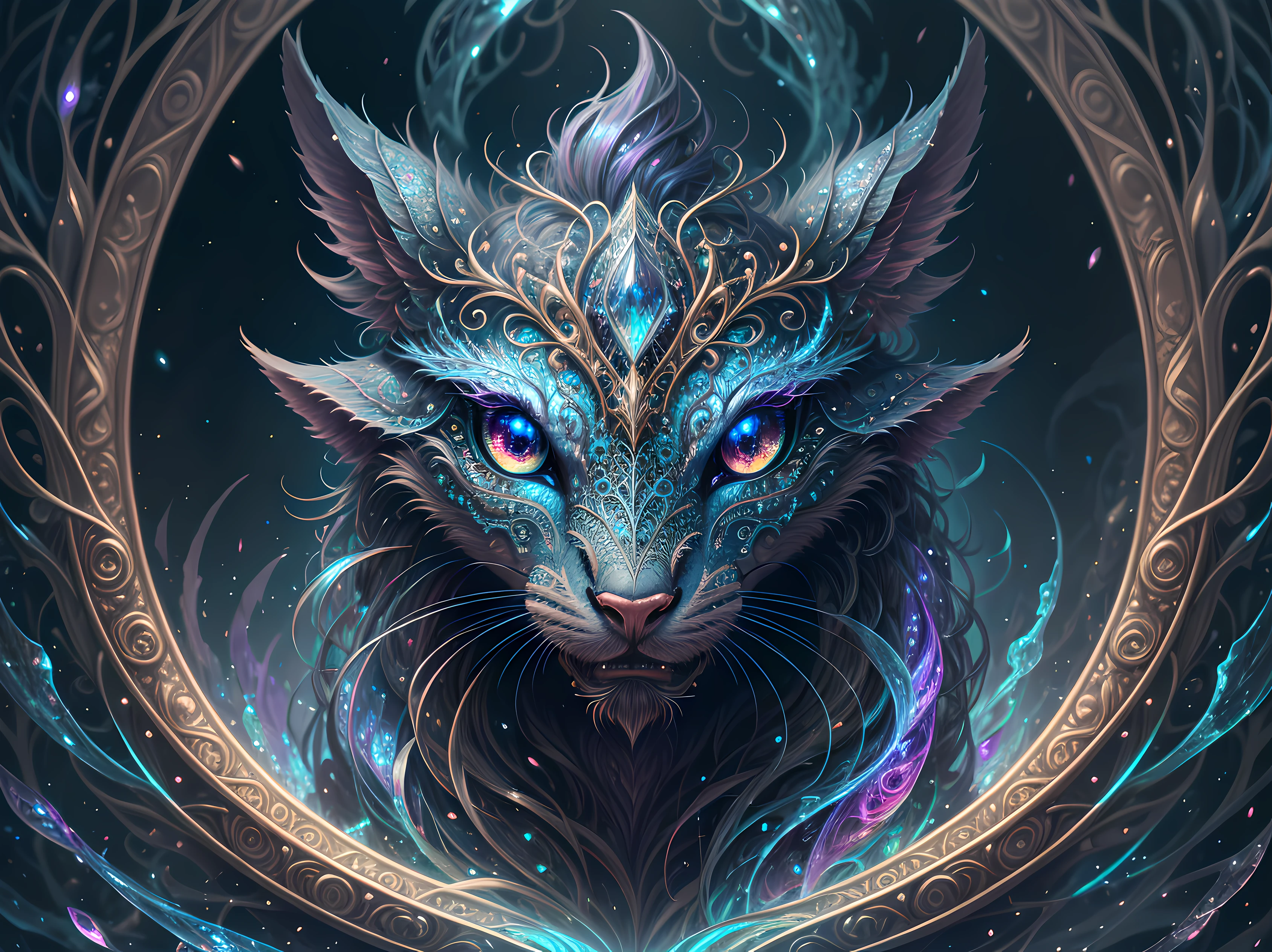 Generate a beautiful magical creature. The creature should be majestic and stunning with hires eyes and lots of intricate fantasy details. Include 8k eyes, highly detailed eyes, extremely detailed eyes, macro eyes, bright clear eyes, and sharp eyes. The image should be a masterpiece and contain fantasy vibes and phantasmal iridescence.