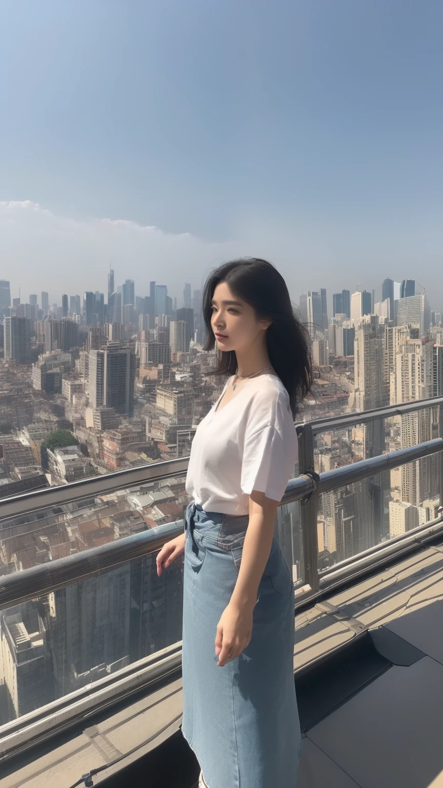 ((highest quality)), ((8K)), ((masterpiece: 1.3)), (Perfect appearance), (Photorealism: 1.6), (Ultra high definition), (Skyscraper rooftop: 1.4), (An exposed rooftop with no handrails or waist-high walls: 1.8), (ビルの縁に立つJapanese Mature: 1.8), (Standing on the top of the building: 1.8), (Standing facing the outside of a building: 1.8), (Focus on the female figure: 1.4), (The woman has a cityscape in front of her: 1.4), (The rooftop floor is visible behind the woman.: 1.4), (A female figure in the center: 1.4), (The woman's eyes are fixed on the distant streetscape: 1.4), (Drone footage of a woman looking from above, diagonally to the right: 1.8), (60 years old, Japanese Mature), ((Realistic skin texture)), ((Realistic skin texture)), (Fine lines all over the skin), (Dull skin), (Facial wrinkles), (Wrinkles around the eyes), double eyelid, Tear bags under the eyelids, (My eyes are fixed on the streetscape beneath my feet: 1.2), (Short bangs: 1.2), (Long Hair: 1.6), (Her long hair is blown about by the strong wind: 1.4), (Soft fabric blouse: 1.2), (Flared long skirt: 1.2), (Blouse and skirt blowing in the wind: 1.4), (High heels: 1.2),