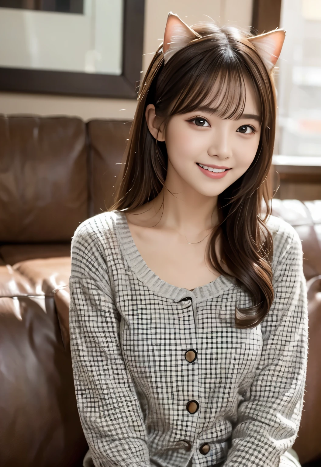 (masterpiece, best quality:1.1), (8k, raw photo, photo realistic:1.2, f22), (shiny skin), detailed skin,long hair,detailed face, detailed eyes,smile,BREAK, real world, intricate details, smil, BREAK, 1girl, full body,(long sleeves,pajamas,plaid pattern,Black and White,Cat ear)BREAK, (sofa:1.4)