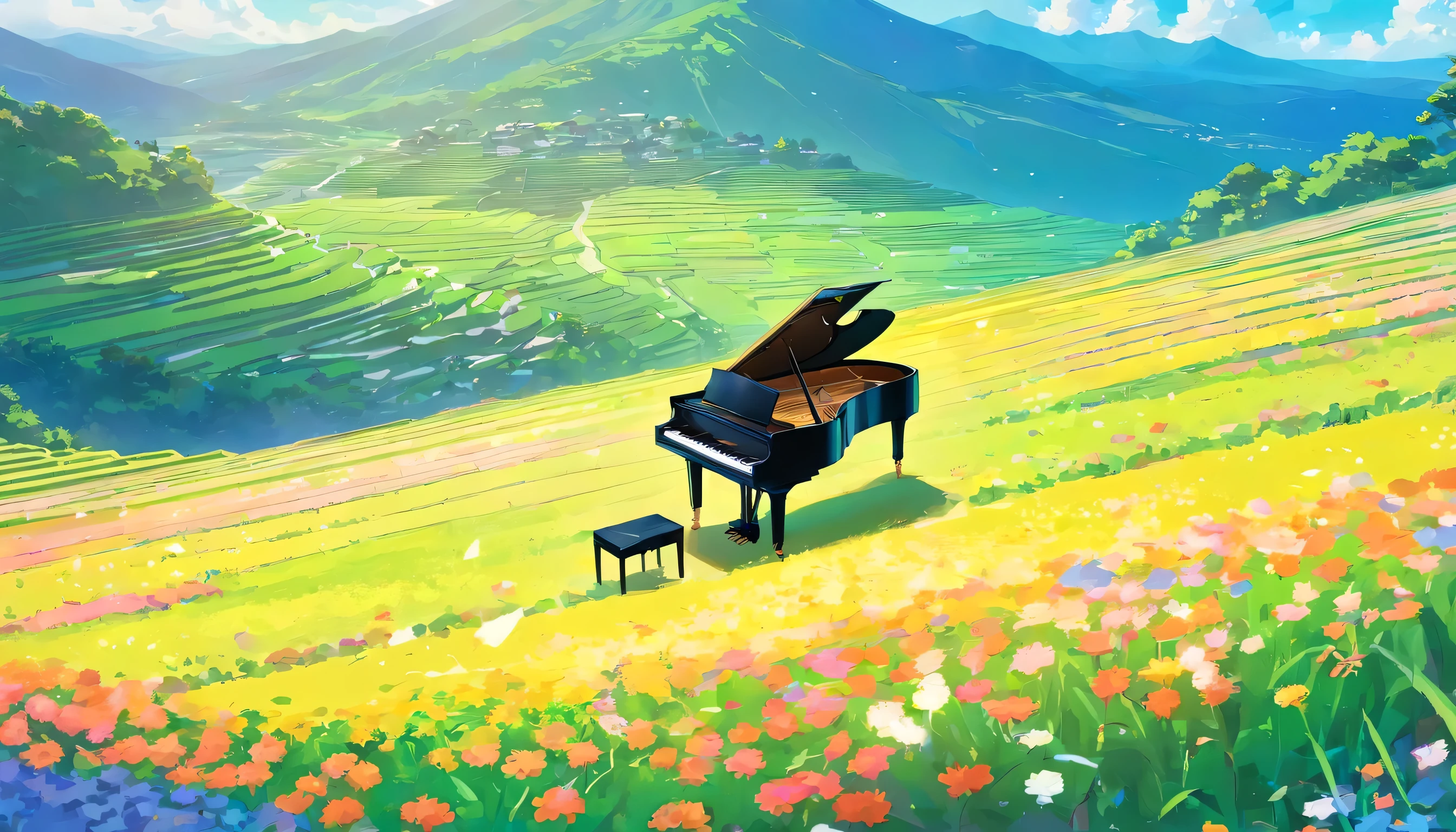 A grand piano in a flower field、The blue sky spreads across the sky、Rice terraces spreading out from the top of the mountain