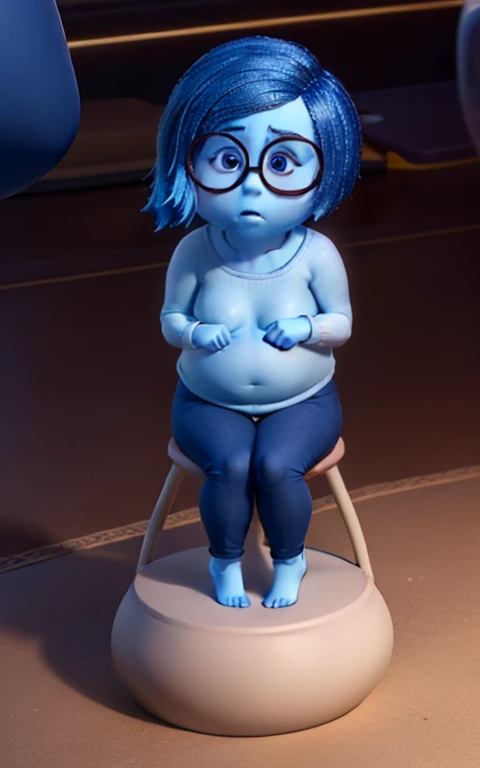 Solo, 1 girl, masterpiece, best quality, (Sadness_InsideOut , black-framed eyewear, glasses, sadness ), colored glowing spheres, pixar, cartoon, 3d render, sfw, nude body, huge hips, chubby, medium breasts, blue skin, midget, short blue hair, looking on viewer, sitting, spread legs, pussy, pussy juice