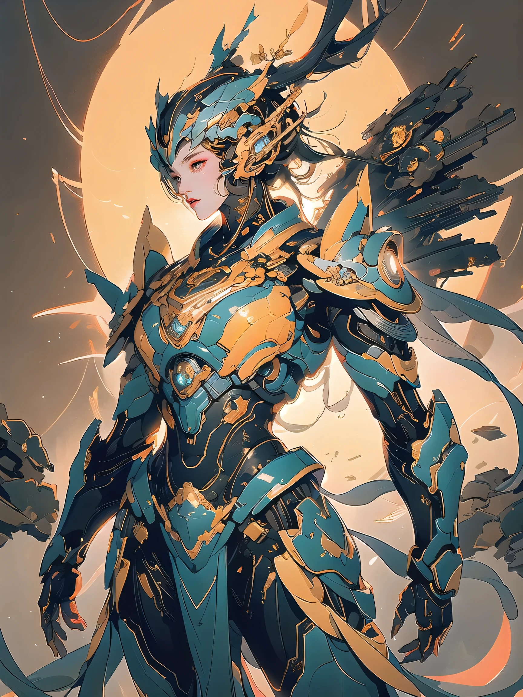 best quality,ultra-detailed,mecha girl,sci-fi,metallic armor,golden glowing eyes,technological environment,hovering platform,futuristic cityscape,neon lights,vivid colors,sharp focus,lens flare,hdr,metallic textures,highres,studio lighting,detailed machinery,artificial intelligence assistant,mecha wings,mecha weapons,cyberpunk style,mecha girl posing,fierce expression,action-packed scene,energy beams,explosions,dynamic composition,post-apocalyptic setting,bokeh,ruined buildings,gritty atmosphere,city in chaos,advanced technology,mechanical parts,extraordinary strength,robotic enhancements,heroic stance,impressive scale,attention to detail,unleashing power.