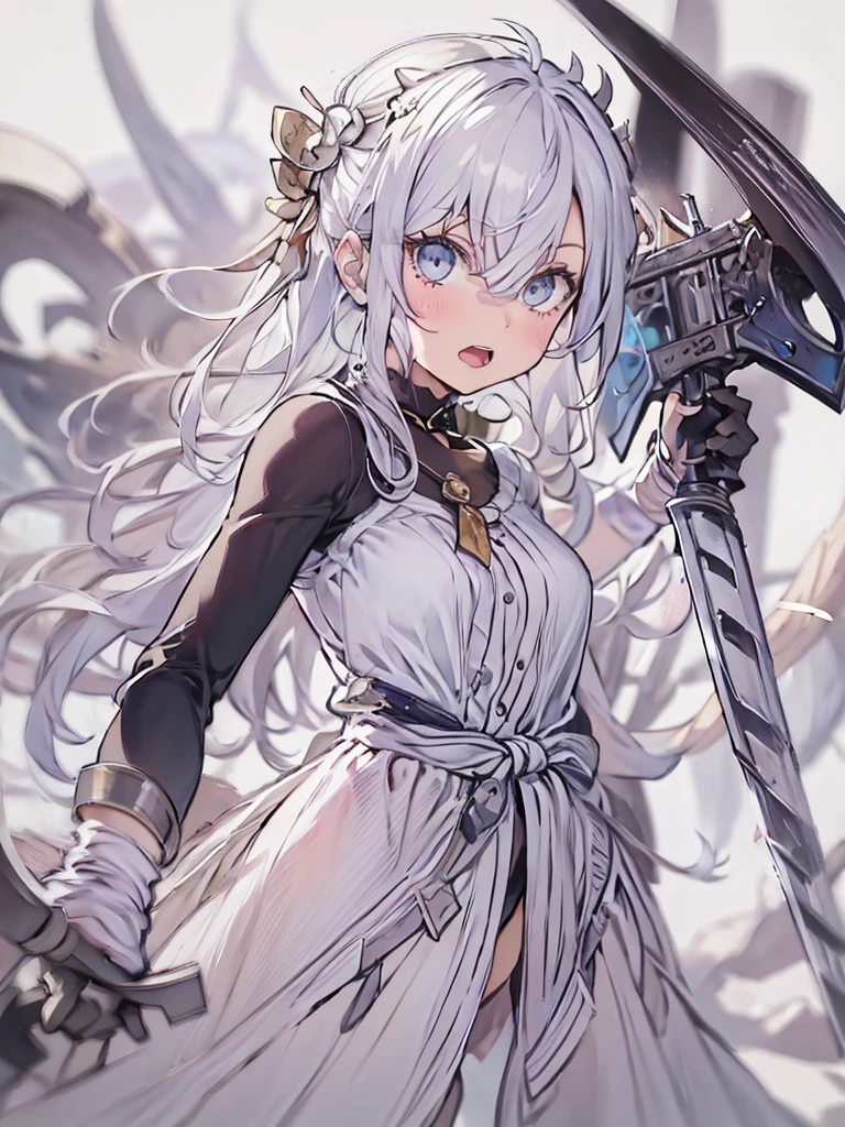 ((Masterpiece)), ((best quality)), ((ultra-detailed)), 1girl, solo, a 15-year-old girl, white hair, blue eyes, detailed face, dragonian head, dragonian body, dragonian hairstyle, dragonian horns, dragonian tail, one white tail, white long dress, black choker, ((circlet on head)), bangs, open mouth, (fighting stance:1.5), shouting, roaring, glaring, (holding axe:1.2), full body, molten dungeon, dungeon, image resolution 1024