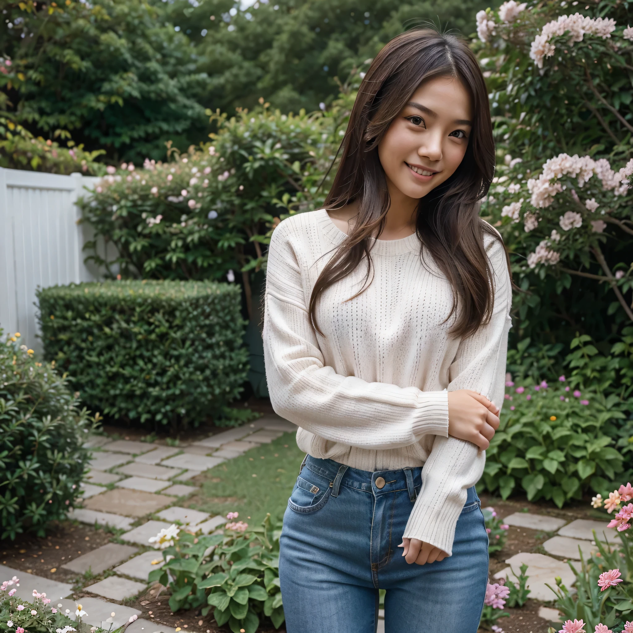 Asian girl, girl, 1girl, sexy,e, smile, white skin, long hair, brown hair, pink sweater, blue jeans, garden, flower