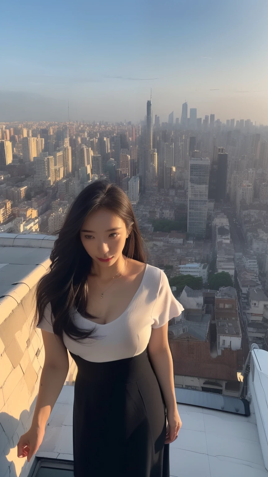 ((highest quality)), ((8K)), ((masterpiece: 1.3)), (Perfect appearance), (Photorealism: 1.6), (Ultra high definition), (Skyscraper rooftop: 1.4), (An exposed rooftop with no handrails or waist-high walls: 1.8), (ビルの縁に立つJapanese Mature: 1.8), (Standing on the edge of the corner of the roof of a building: 1.8), (Standing facing the outside of a building: 1.8), (Focus on the female figure: 1.4), (The woman has a cityscape in front of her: 1.4), (The rooftop floor is visible behind the woman.: 1.4), (A female figure in the center: 1.4), (The woman&#39;s eyes are fixed on the distant streetscape: 1.4), (Drone footage of a woman looking from above, diagonally to the right: 1.8), (60 years old, Japanese Mature), ((Realistic skin texture)), ((Realistic skin texture)), (Fine lines all over the skin), (Dull skin), (Facial wrinkles), (Wrinkles around the eyes), double eyelid, Tear bags under the eyelids, (My eyes are fixed on the streetscape beneath my feet: 1.2), (Short bangs: 1.2), (Long Hair: 1.6), (Her long hair is blown about by the strong wind: 1.4), (Soft fabric blouse: 1.2), (Flared long skirt: 1.2), (Blouse and skirt blowing in the wind: 1.4), (High heels: 1.2),