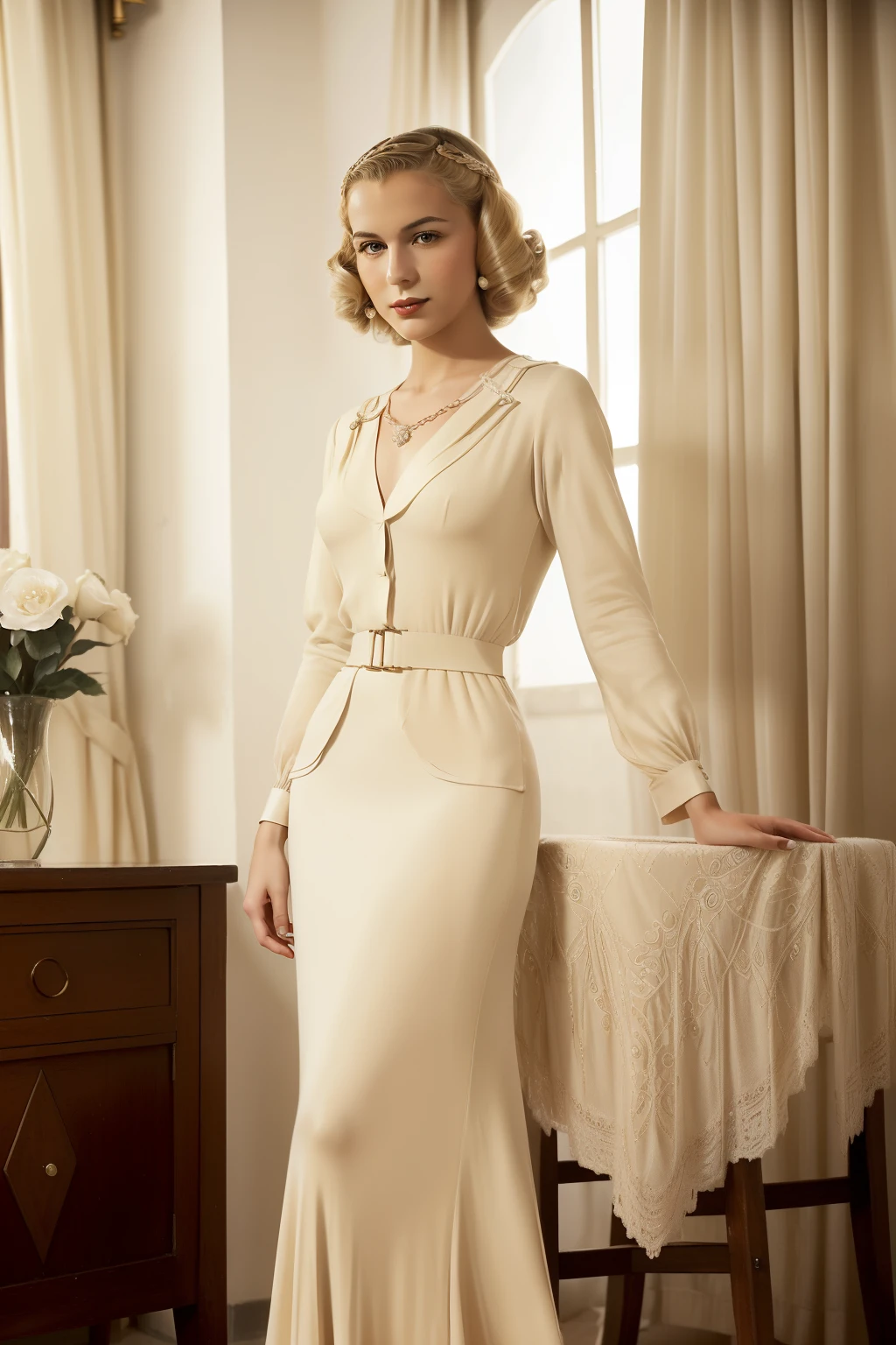 Tetouan, 1937. portrait of A young ((((26-year-old)) Rosalinda Fox)), pale, skinny, fresh, confident, elegant, in a Dressmaker's shop, ((((elegant clothings from the 1930s)))), ((wavy blonde hairstyle of the 1930s)), (colorful)