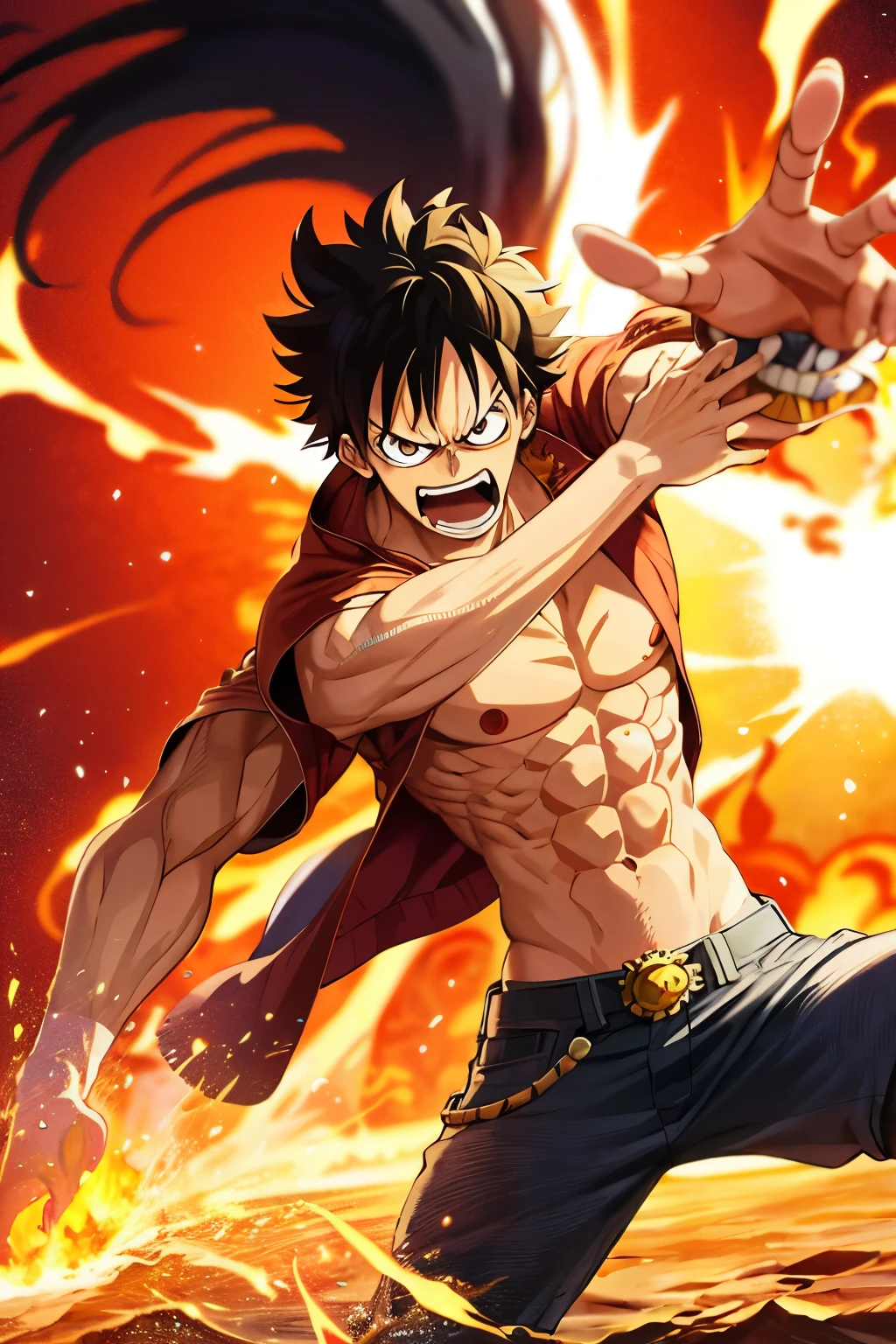 Design astonishing posters, featuring the fifth gear Luffy as the dynamic protagonist of the One Piece series, in the heat of the moment. Capture the core of his blazing determination and unyielding spirit, for he releases his fury on his adversaries. Keep it concise, bold, and powerfully express the raw intensity of Luffy's wrath.