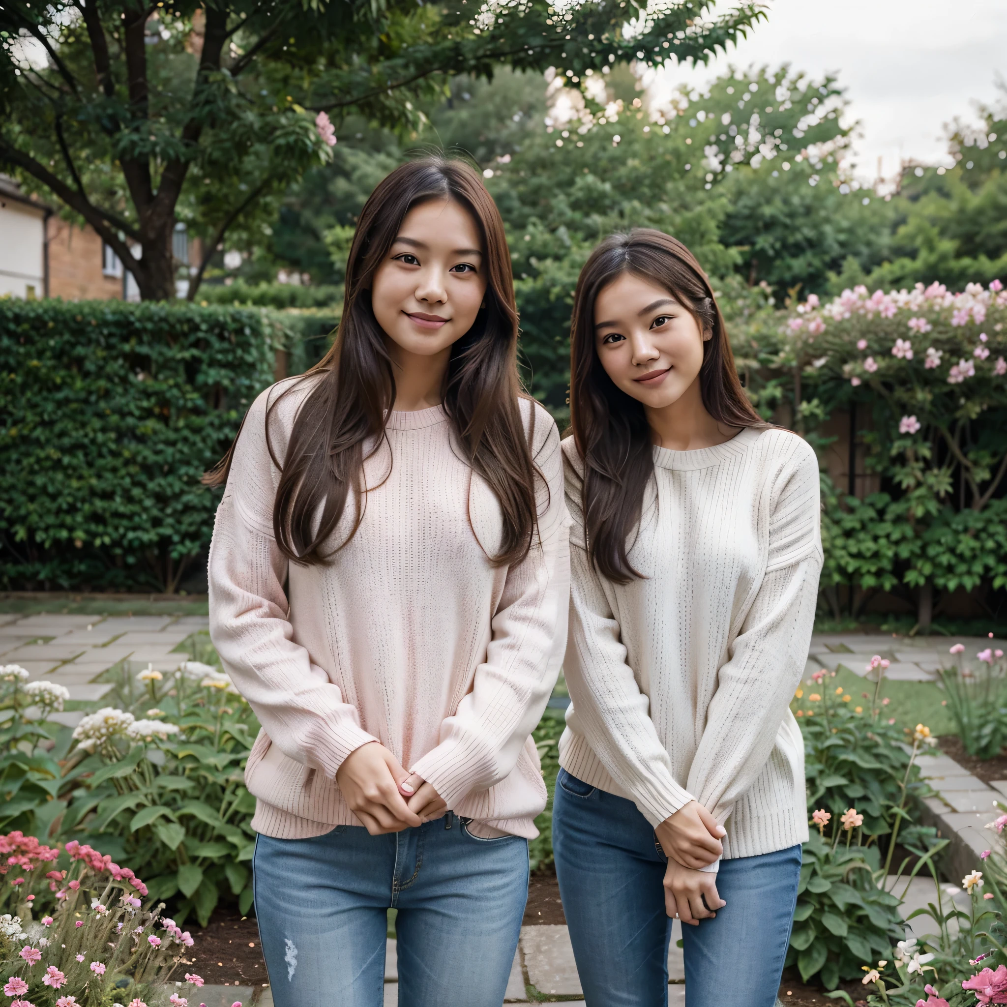 Asian girl, adult girl, 1girl, sexy, cute, smile, white skin, long hair, brown hair, pink sweater, blue jeans, garden, flower