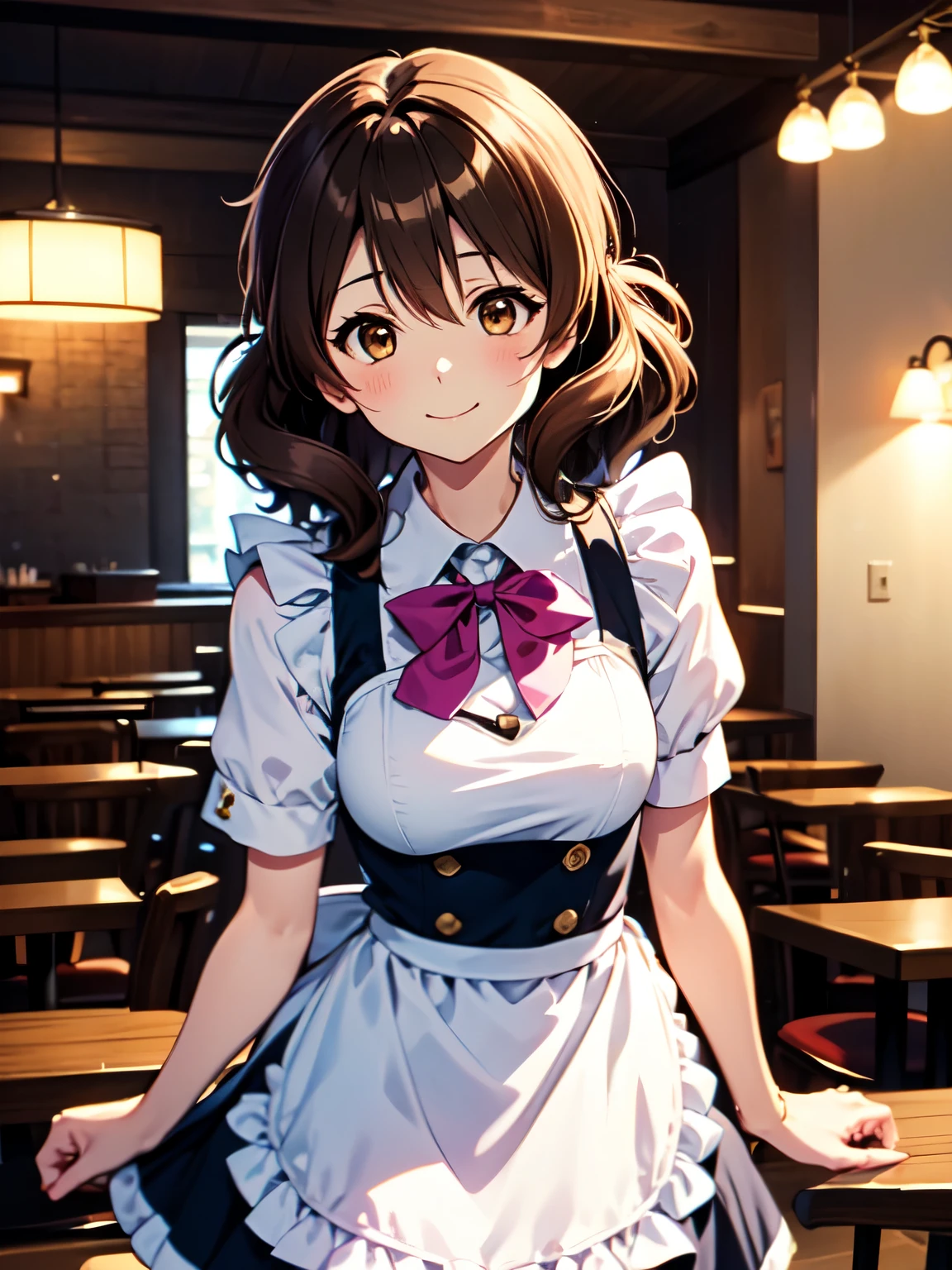 １People Girls、Yellow before＿Kumiko、Brown Hair, (Brown eyes:1.5), , Embarrassing, Closed Mouth、8Ｋimage、Wavy Hair、Absolute reference to center、whole body, alone ,restaurant,Cinematic lighting、smile、blush、Beautifully styled hair、Maid、ビクトリア朝Maid服、A few ingredients、waiter,Cowboy Shot