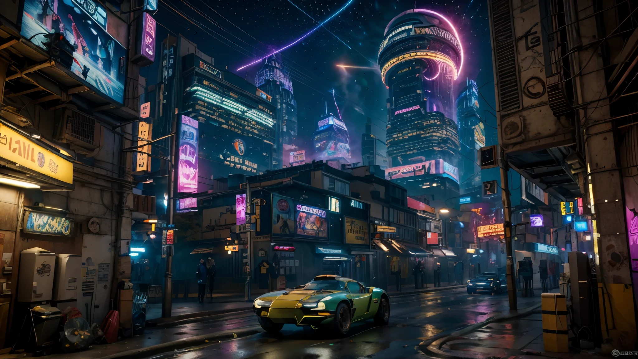 a retrofuturistic cityscape with vibrant neon lights, calles bulliciosas, y rascacielos imponentes, (mejor calidad, 4k), ultra detallado, (realista:1.37) ilustraciones digitales y representaciones 3D inspiradas en microondas (medio) Coches deportivos y motos cromados corriendo por las calles de la ciudad., dejando rayos de luz (energia alta, action packed) a huge holographic poster showing a futuristic model with luminous eyes and striking features (brillante, Cautivador) un grupo de personas elegantes y de moda, wearing neon colored clothes, Gathered around a vintage arcade machine., inmerso en juegos de realidad virtual (tendencias, dynamic) Rayos láser dynamics que atraviesan el cielo nocturno., creating an otherworldly atmosphere (Science fiction, futuristic) Synthesized music filling the air., evoking a sense of nostalgia and excitement (retro, Energetic) un cielo al atardecer con un degradado de colores pastel, casting a warm glow over the city (dreamer, atmospheric) reflejos de las luces de la ciudad brillando en la superficie de un lago tranquilo, adding a sense of serenity to the scene (reflexivo, peaceful) Un mural de graffiti de estilo retro en el costado de un edificio., depicting a futuristic dystopian landscape (arenoso, urban) destellos de lente sutiles y efectos bokeh suaves, improving the dreamlike quality of the image (cinematographic, ethereal) the interaction of vibrant colors, como el azul electrico, Rosa caliente, and neon green, creating a visually striking composition (vistoso, llamativo) the city bathed in soft, luz difusa, giving the scene a magical and encantador ambiance (mystic, encantador)