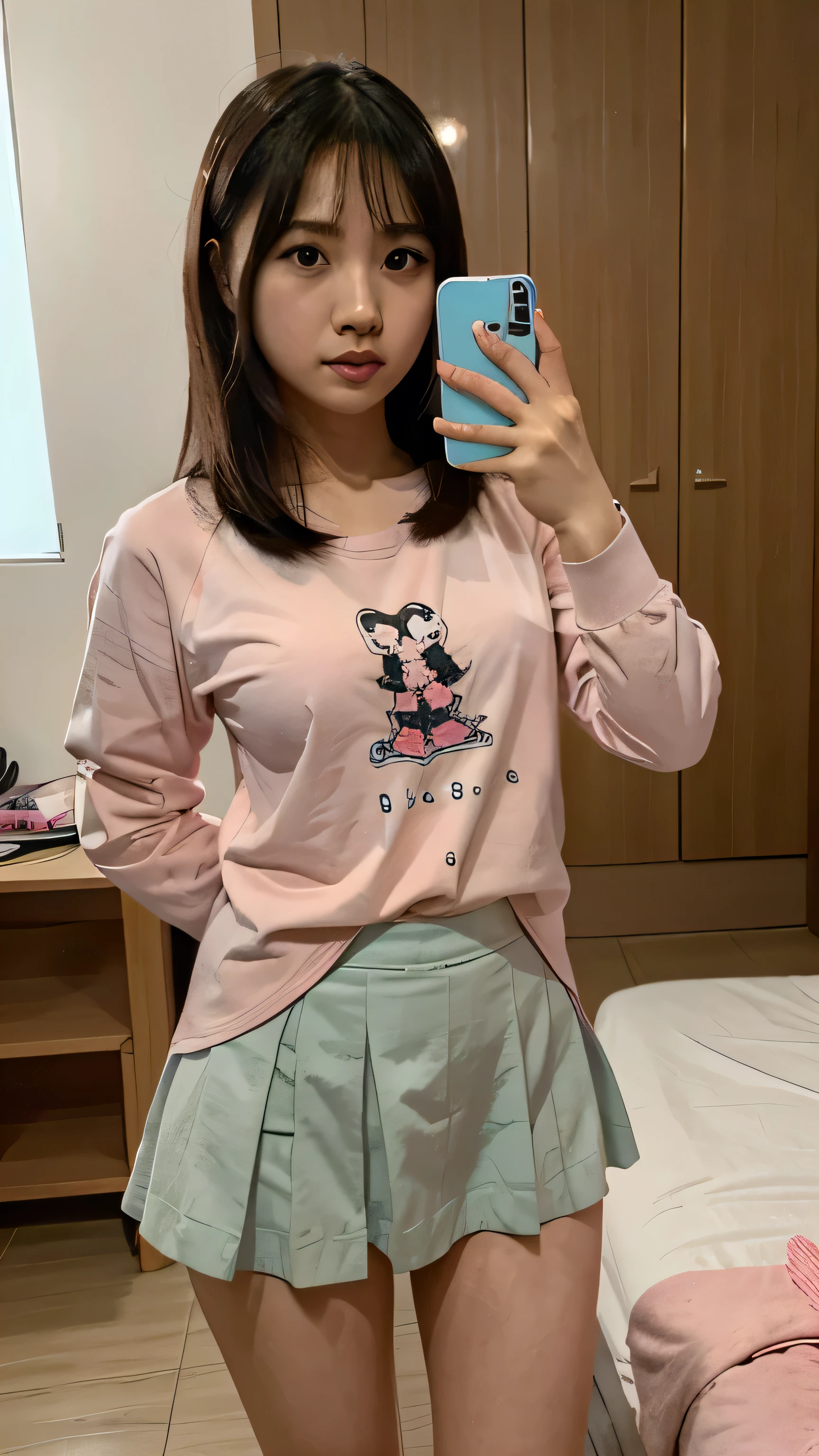 Buatkan gambar cewek jepang memakai baju seragam sekolah pose Selfi di depan kaca kamar tidur tersenyum manis