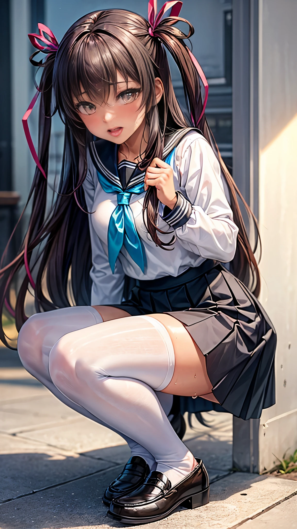 highest quality,masterpiece,8k,1girl,medium breasts,orgasm,blush, sweat,mini skirt,lift skirt,upskirt,white panties,Mizuki Yukikaze,hair ribbon, green shirt, serafuku, white neckerchief, long sleeves, pleated skirt, black skirt, black thighhighs, loafers,squatting,open legs