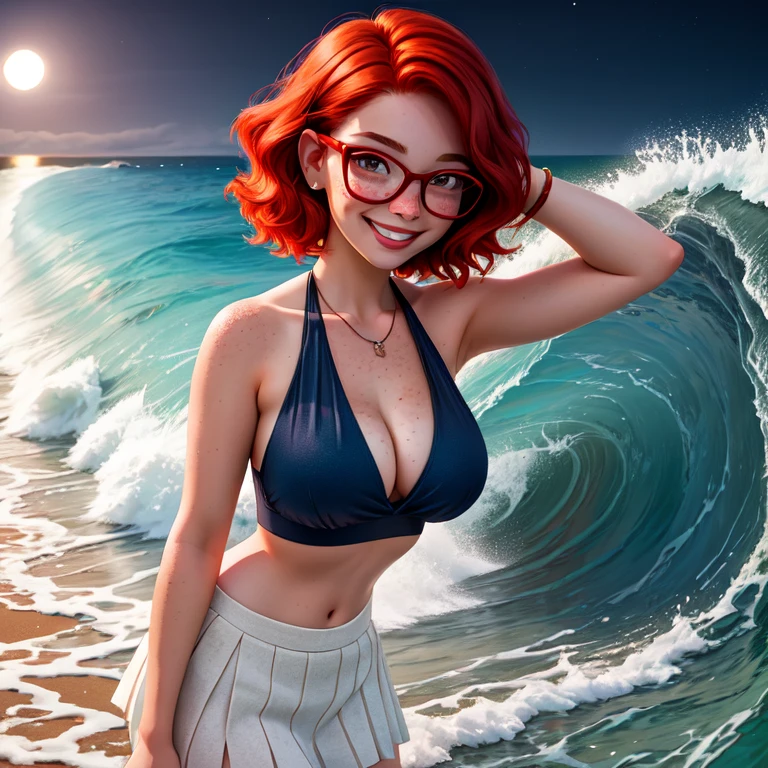 young woman, short red hair, glasses, freckles, smiling, lifting skirt, sheer under chest top, ocean beach, huge waves, moonlight