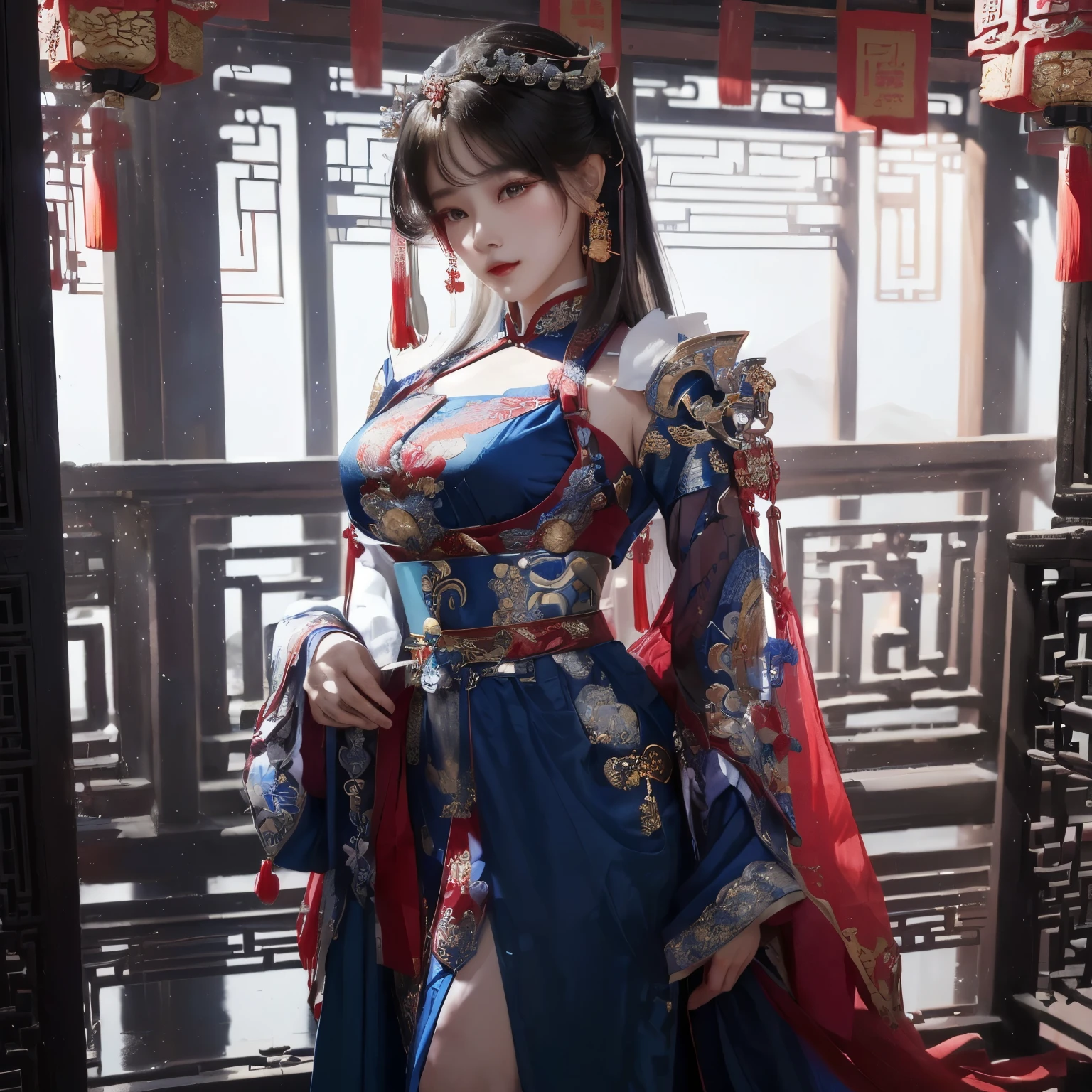 a woman in a blue and red dress posing for a picture, palace , a girl in hanfu, inspired by Du Qiong, inspired by Qiu Ying, inspired by Lan Ying, a beautiful fantasy empress, wearing ancient chinese clothes, full body xianxia, inspired by Chen Yifei, inspired by Zhang Yan, chinese costume, by Yang J, ornate cosplay