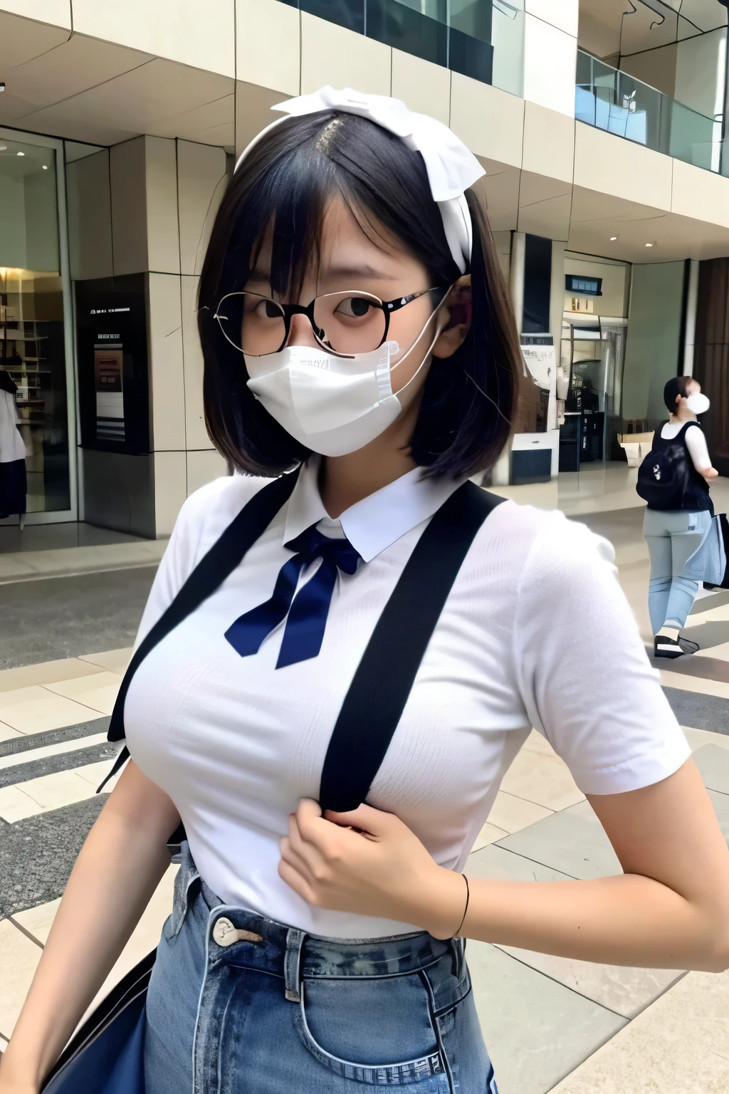 14 year old girl, short cute black haircut, wearing headband, black glasses, and wearing white mask. Wearin golf sweater vest and long blue jeans. short sleeve white shirt, tucked in, big breasts, location in the mall.