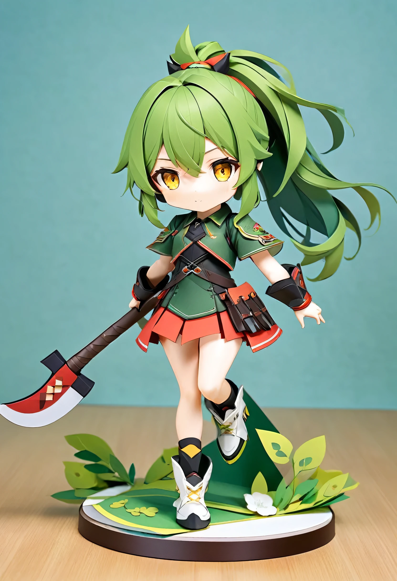 best quality, papercraft:2, a ponytail green hair long hair cute axe fighters girl, cute yellow eyes.
