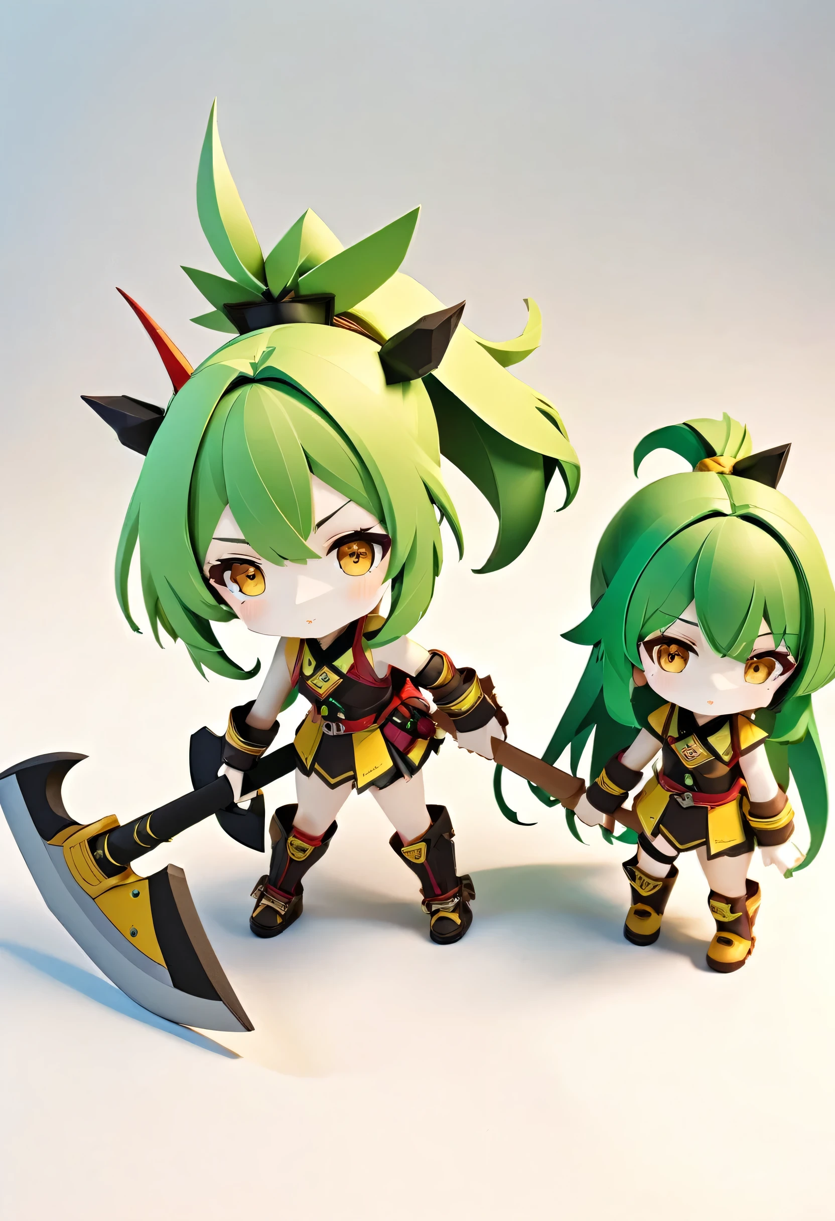 best quality, papercraft:2, a ponytail green hair long hair cute axe fighters girl, cute yellow eyes.