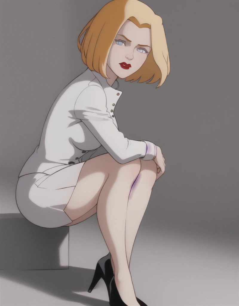 masterpiece, best quality,
1girl, agentl, blonde hair, short hair, blue eyes, red lips, makeup, white coat, skirt, high heels,
full body, solo, looking at viewer, simple background, solid grey background, in laboratory , sitting , shy  