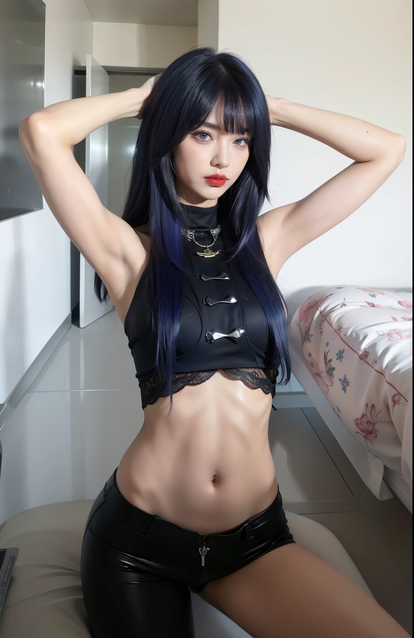 Royal princess,Super detailed, Delicate face, Stock Photography , Portrait 400, F1 Camera Lens.6, rich and colorful, Surreal, Realistic textures, Dramatic Lighting, Thin Film Distiller 800 (8k, original photo, better quality, masterpiece: 1.2), Super detailed, (Extremely delicate skin: 1.2), 8k ultra high definition, SLR camera, Soft Light, high quality.Fire Queen,Blue pupils,Apply red lipstick,Have a tattoo,The tattoo is very three-dimensional,Gorgeous and intricate tattoo designs,8k Mugshot,Large Breasts,Dark eyeshadow,Sexy thick lips(Red lipstick),Wear tight leather pants,Put your hands behind your head,Fitness athletes,There are muscles on the body,Clear muscle lines,Eight-pack abs,V-shaped abdominal muscles,Arms with biceps
