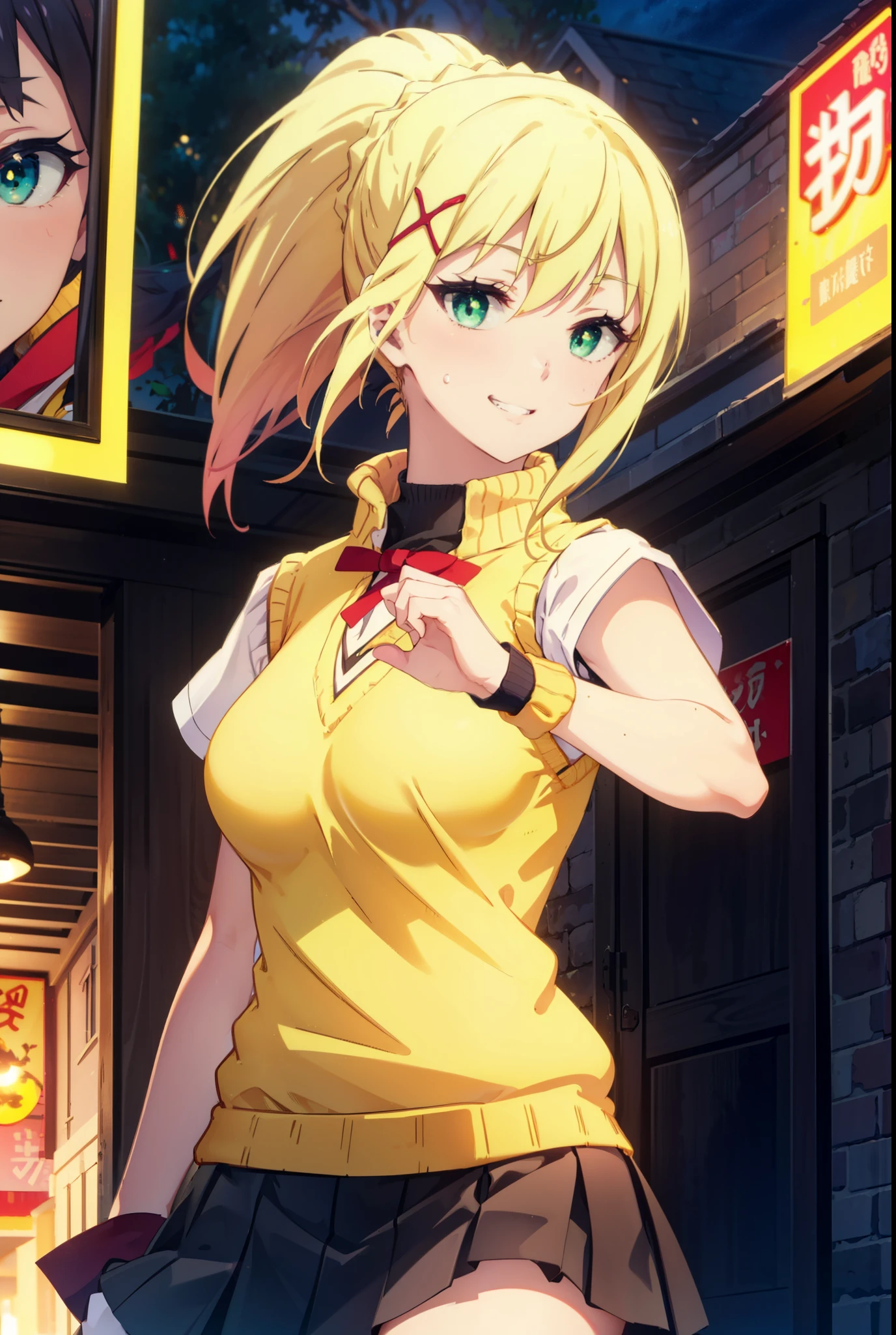 Lalatina Dusty Nesford, Lalatina Dustiness Ford, darkness \(KonoSuba\), Long Hair, (Green Eyes:1.3), Blonde, hair ornaments, ponytail, Braiding, x hair ornaments,Big Breasts,smile, Grin, White Y-shirt,Short sleeve,Sweater vest, Black knee-high socks,(yellow Sweater vest:1.5),Black pleated skirt,Black Loafers,whole bodyがイラストに入るように,Walking,Sunset,evening,The sun is setting, break outdoor,In town,Building district,,crowd, people々々々々々, break looking at viewer, whole body, break (masterpiece:1.2), highest quality, High resolution, unity 8k wallpaper, (shape:0.8), (Beautiful and beautiful eyes:1.6), Highly detailed face, Perfect lighting, Extremely detailed CG, (Perfect hands, Perfect Anatomy),