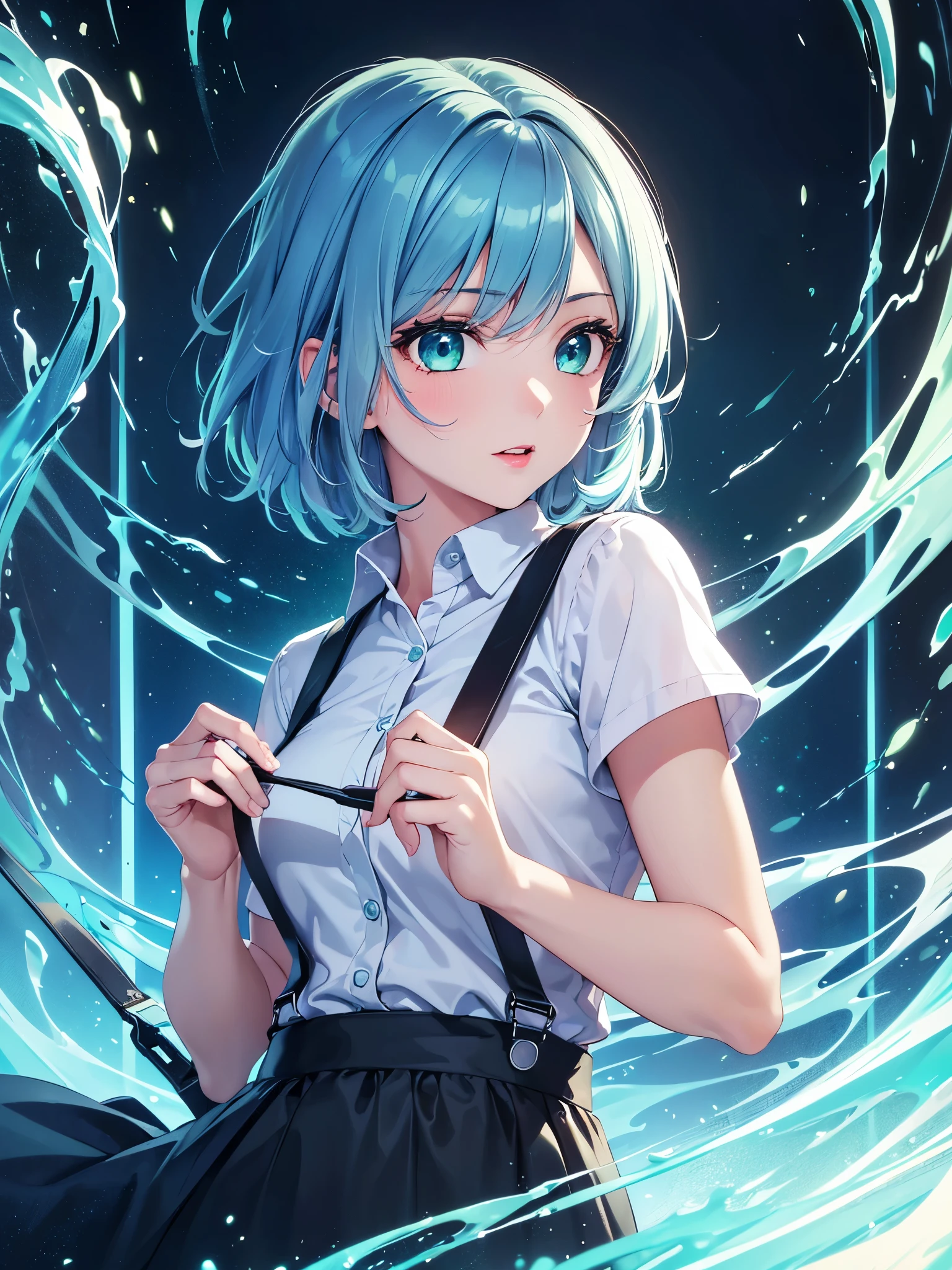 (Best quality at best,8K,A high resolution,tmasterpiece:1.2),Digital artwork, one girl,detailed face,detailed eyes,light blue hair,short straight hair,glowing green eyes,red lip,Suspenders