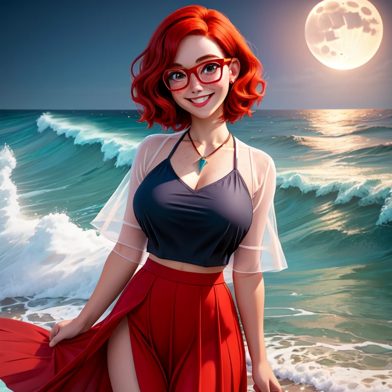 young woman, short red hair, glasses, freckles, smiling, lifting skirt, sheer under chest top, ocean beach, huge waves, moonlight