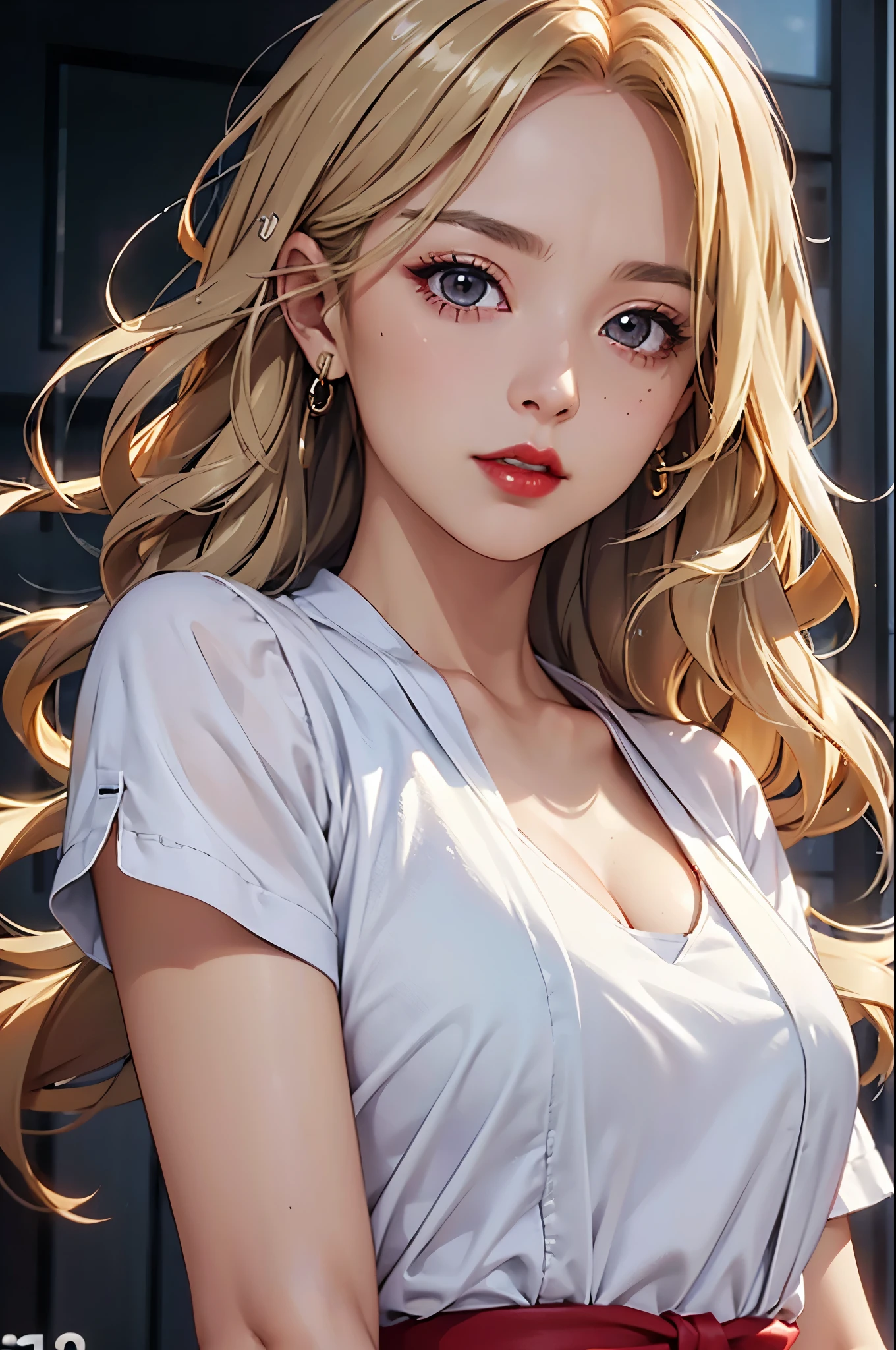 (Best quality at best,8K,A high resolution,tmasterpiece:1.2),Digital artwork, one girl，detailed face，detailed eyes，blonde hair，long straight hair，glowing amber eyes，red lip，Suspenders