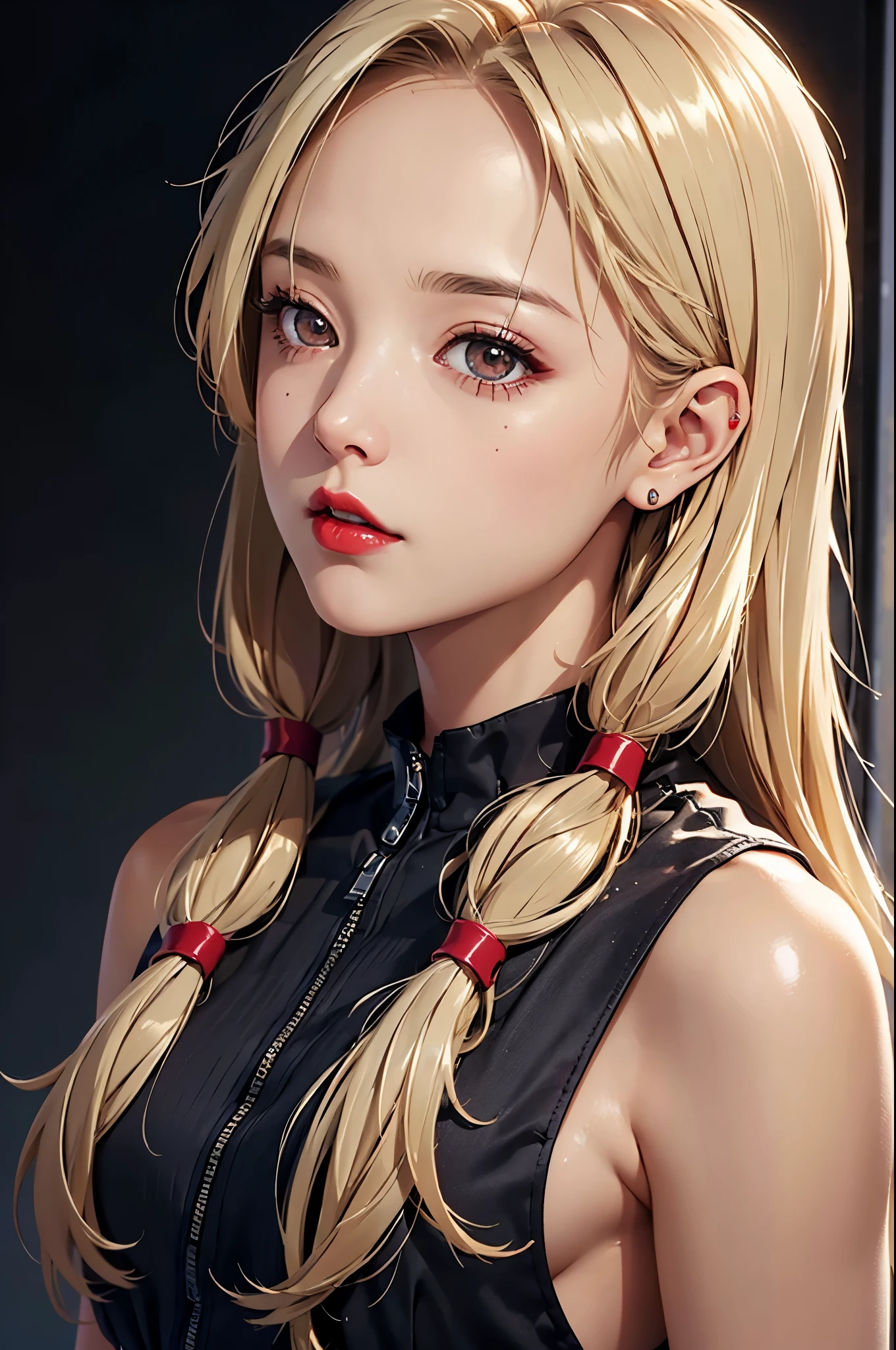 (Best quality at best,8K,A high resolution,tmasterpiece:1.2),Digital artwork, one girl，detailed face，detailed eyes，blonde hair，long straight hair，glowing amber eyes，red lip，Suspenders