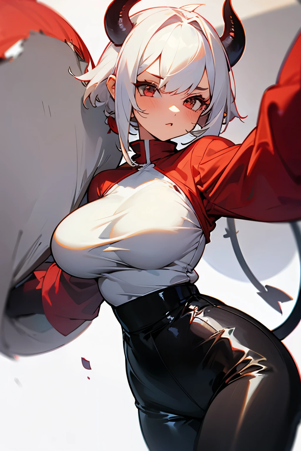 Girl, short white hair tied in a pile, white horns, red shirt, big round breasts, black devil tail، black tight pants