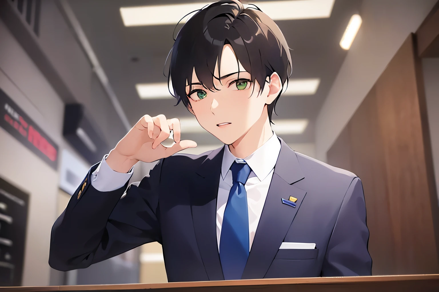 upper body、shiny skin, masterpiece、highest quality、(25-year-old male:1.5) and (Brown short hair) and (Green Eyes), (Wearing a suit) and (Blue tie)、(confused:1.3)、The background is the office entrance、(Alone:1.5)