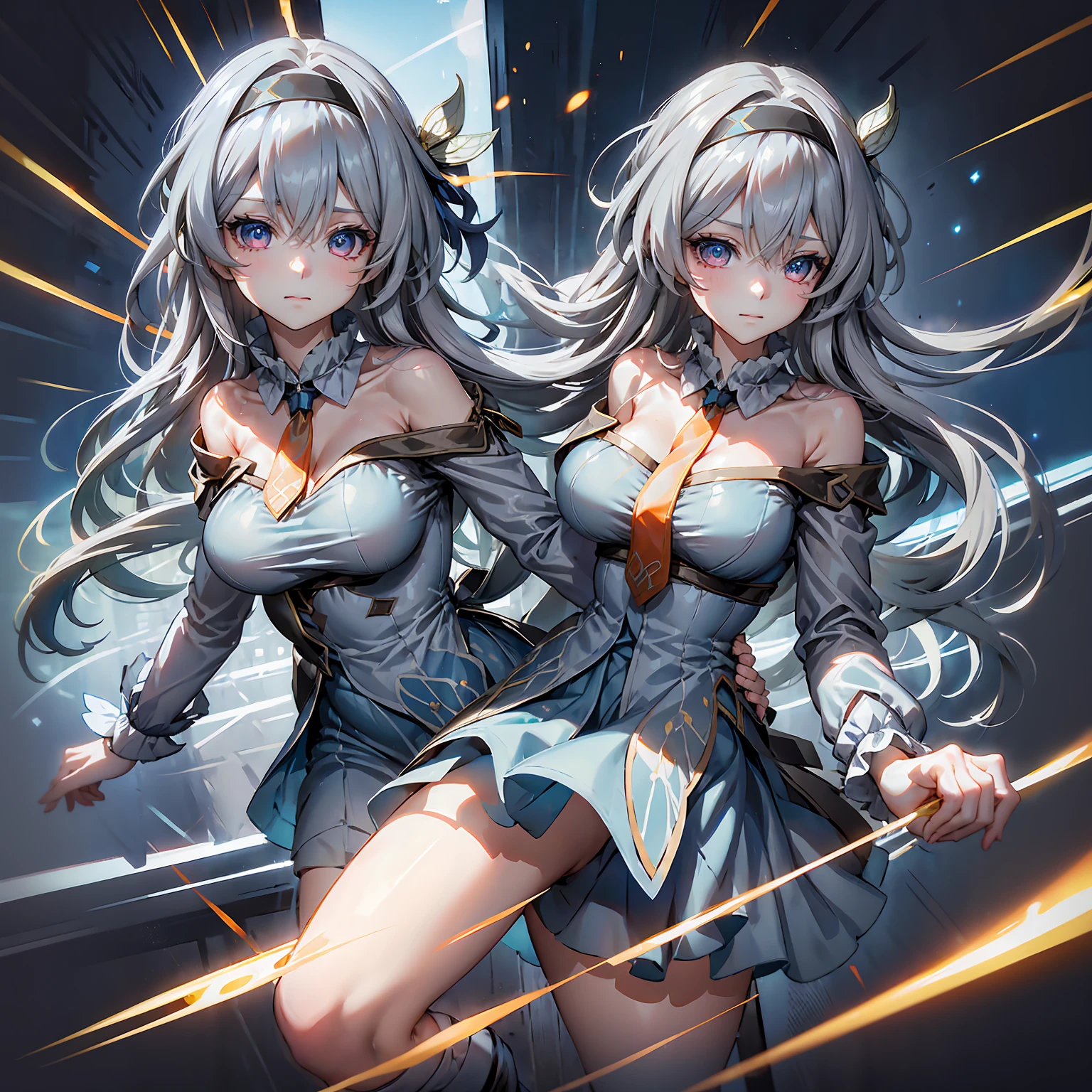 (masterpiece,best quality)best resolusion,2head:1.5,1 girl,firefly character,long gray hair,gray eyes,Head accessories,wearing a blue dress with white on the sleeves and under the chest and black cloth on the shoulders with gold patterns,wearing a two-pronged orange tie,normal breasts,The thighs of the legs are covered with blue cloth with the top edge being white,simple background,beautiful face,beautiful hair,beautiful eyes,beautiful body, beautiful hand