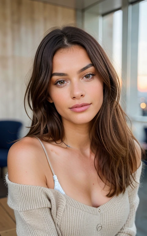 Belle brune portant un pull beige (in a modern cafe at sunset), Very detailede, 21 ans, visage innocent, natural wavy hair, yeux vert, high resolution, masterpiece, better quality, intricate details, Very detailed, mise au point nette, detailed skin, texture de peau Realistic, texture, Detailed eyes, professionnel, 4k, sourire charmant, filmed in Canon, 85 millimeters, faible profondeur de champ, Couleur Kodak Vision, corps parfaitement ajusté, extremely detailed, photographier_\(ultra\), photoRealistic, Realistic, Post-traitement, Maximum details, roughness, real life, ultra Realistic, photorealism, photographie, 8k euh, photographie, bare shoulder, très-petit décolleté, sans sous-vêtement, sexy, flirts with the camera, regarde sexy, regard directement la camera, open face, ne porte pas de sous vetements, nipple visible under tshirt,