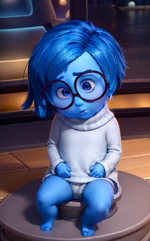 Solo, 1 girl, masterpiece, best quality, (Sadness_InsideOut , black-framed eyewear,  glasses, sadness ),   colored glowing spheres, pixar, cartoon, 3d render, sfw, nude body, chubby, flat torso, blue skin, midget, short blue hair, looking on viewer, sitting, spread legs, pussy, pussy juice, 