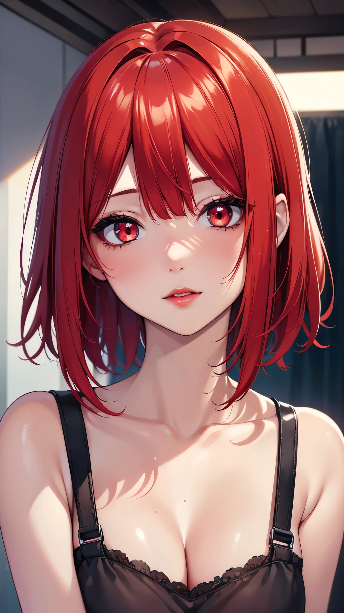 (Best quality at best,8K,A high resolution,tmasterpiece:1.2),Digital artwork, one girl，detailed face，detailed eyes，red hair，short straight hair，glowing red eyes，red lip，Suspenders