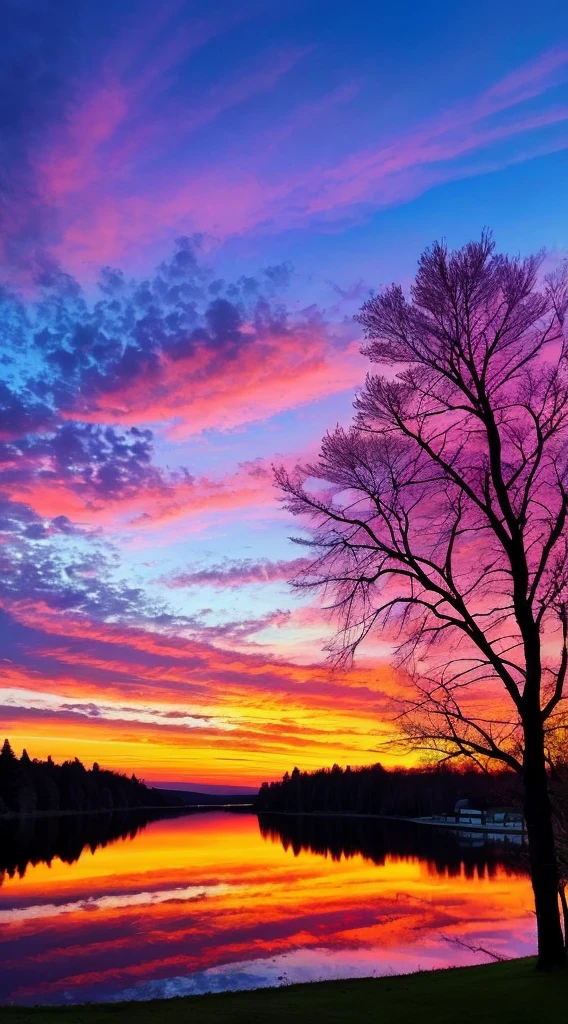 there is a beautiful sunset with a lake and trees in the background, colorful skies, surreal colors, colorful sunset, colorful sky, marvellous reflection of the sky, stunning sky, dream like atmosphere 8k, colorful clouds, colors reflecting on lake, surreal sky, red and blue reflections, fire reflection, beautiful sky, beautiful and spectacular dusk, beautiful dreamy landscape, amazing sky