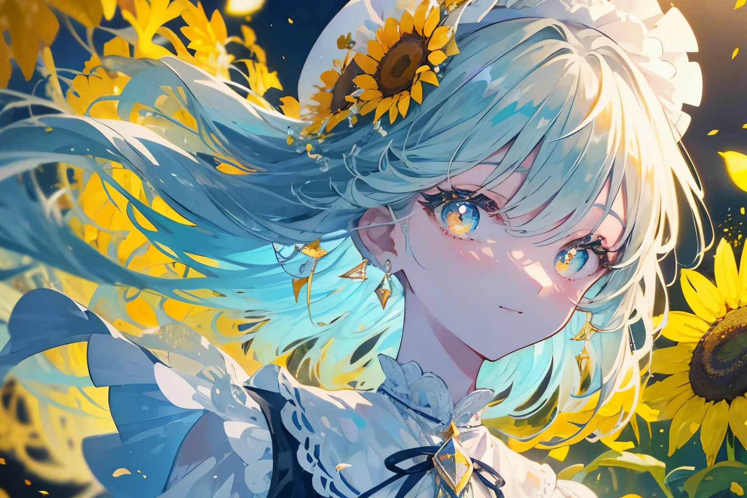 Create a high-quality illustration featuring a fantastical scene of sunflower fields with petals dancing in the air, accompanied by a beautiful boy. The illustration should evoke a sense of nostalgia and enchantment, with intricate details and a dreamy atmosphere. From the vibrant sunflowers swaying in the breeze to the serene expression on the boy's face, every element should be meticulously crafted to immerse the viewer in a nostalgic and magical moment. best quality, masterpiece, expressive eyes, gorgeous, vivid, perfect face, smile, happyness, 2eyes, emotion, detailed pupils, vivid pupils,stunning, life, relfection, peace, warm, compsition, artistic, 4k, wallpaper, bonnet, wind, glowing eyes