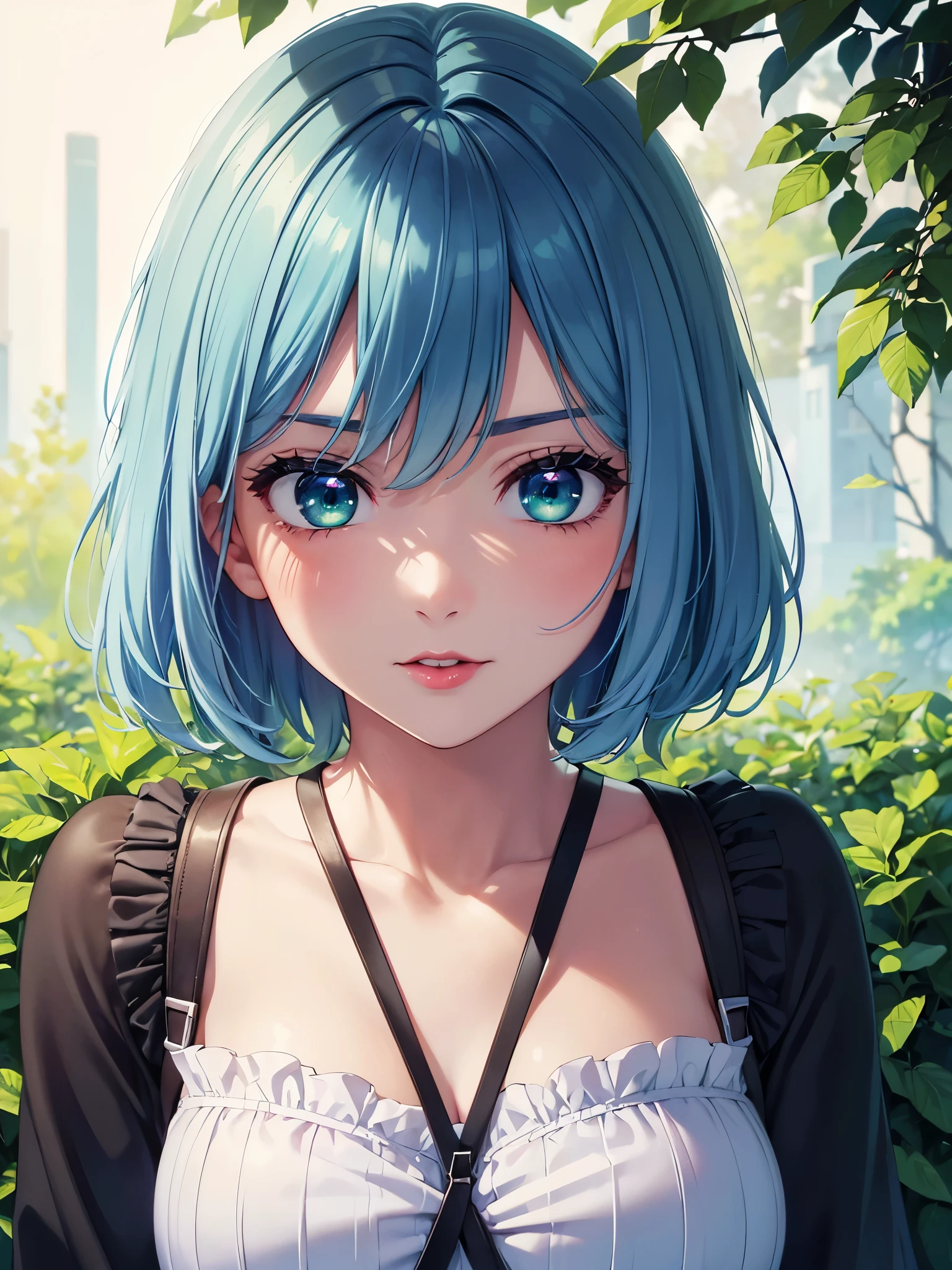 (Best quality at best,8K,A high resolution,tmasterpiece:1.2),Digital artwork, one girl，detailed face，detailed eyes，light blue hair，short straight hair，glowing green eyes，red lip，Suspenders