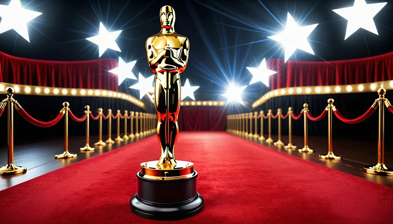 A golden trophy, golden Oscar, and movie award, (best quality, 4k, 8k, highres, masterpiece:1.2), ultra-detailed, (realistic, photorealistic, photo-realistic:1.37), Hollywood glamour, cinematic lighting, shining gold, glamorous red carpet, prestigious event, star-studded, dazzling stage, a crowd of excited celebrities, acceptance speech, sparkling dress, elegant tuxedos, exquisite craftsmanship, engraved details, iconic statuette, marvellous achievement, legendary talent, historic moment, memorable performance, suspenseful announcement, emotional reactions, paparazzi flashlights, joyful cheers and applause, prestigious film industry recognition, outstanding artistic merit, extraordinary talent, shining spotlight, directors, actors, actresses, producers, screenwriters, cinematographers, red velvet curtains, glamorous atmosphere, paparazzi frenzy, trophy raised high, dreams coming true.