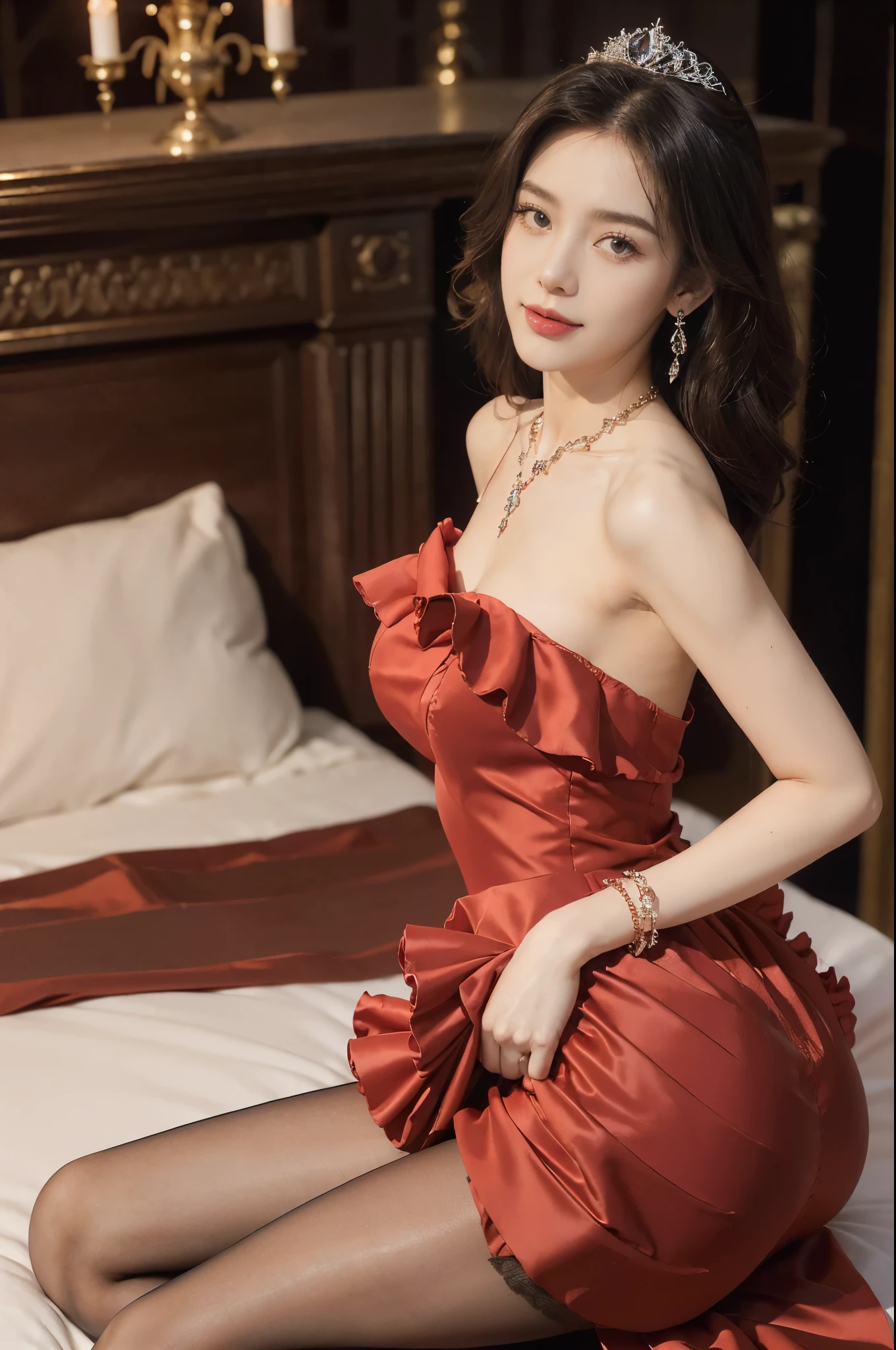 (Extremely meticulous CG),(((8k))),wallpaper,(Portrait above the chest:1.3),((Extremely refined and beautiful)),(((Masterpiece))),(((best qualtiy))),(((Ultra High Resolution))),beautiful light up,realistic shaded,(Smooth and flawless fair skin:1.5),(Extremely exquisite facial details:1.2),(ultra-detailed:1.5),((a beautiful girl,solo)),(shoulder length straight bob hair:1.3),(small head:1.2),(princess crown:1.2),(slender face:1.2),(Exquisite makeup:1.3),(smiling:1.2),(laughing:1.2),(blush:1.3),(perfect body:1.2),(earrings:1.2),(crystal necklace:1.3),(Bracelet:1.2),(Gorgeous red Gothic ruffled evening dress:1.5),((slim,thin)),(bare back:1.3),(towering hips:1.3),(slender legs:1.2),(nude pantyhose:1.5),(from back:1.3),(Sitting on the bed:1.3),(butt crack:1.3),(In a luxurious hotel bedroom:1.5),(Extremely luxurious decoration:1.5),(warm neon lights:1.3),(indoor:1.2),(Cyberpunk style:1.3),(detailed background:1.5),(night scene:1.5),(upper body:1.3),