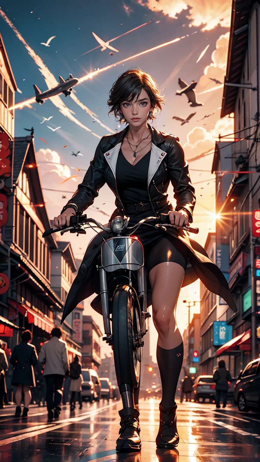 (3D:0.5,Realistic:0.5,photoRealistic:0.5),(Absurd,Super Resolution,masterpiece,highest quality,In detail,Absurd:1.2), Dramatic Light, Dramatic lighting, Cinematic, Anime Scenery, makoto shinkai, Ghibli, Fantasy World, Magic, Beautiful sky, cloud, building, bike, Airplane trajectory, bird, Dramatic Lighting, Cinematic lighting, sunset, warm sunset, Warm sun, street, Depth of written boundary, Lens flare,Mature Caucasian Woman、bikeでコーナーをドリフト走行