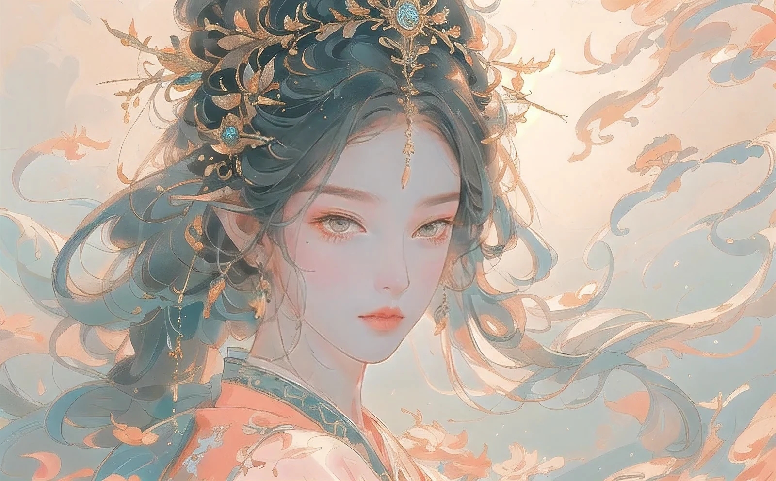 best quality,ultra-detailed,realistic,portrait,underwater goddess,beautiful detailed eyes,beautiful detailed lips,flowing hair,serene expression,pearl accents,golden fish tail,sparkling scales,seaweed crown,coral jewelry,ethereal lighting,colorful ocean backdrop,vivid colors,shimmering waves,gentle sunlight,tranquil atmosphere