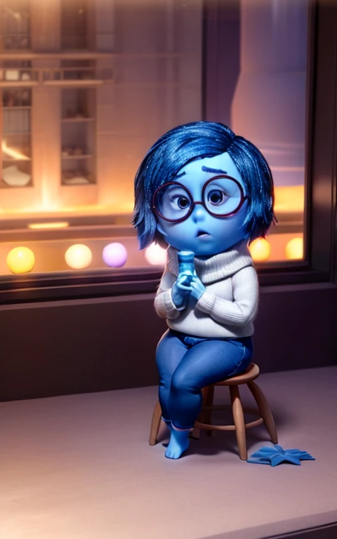 Solo, 1 girl, masterpiece, best quality, (Sadness_InsideOut , black-framed eyewear,  glasses, sadness ),   colored glowing spheres, pixar, cartoon, 3d render, sfw, nude body, chubby, flat torso, blue skin, midget, short blue hair, looking on viewer, sitting, spread legs, pussy, pussy juice, 