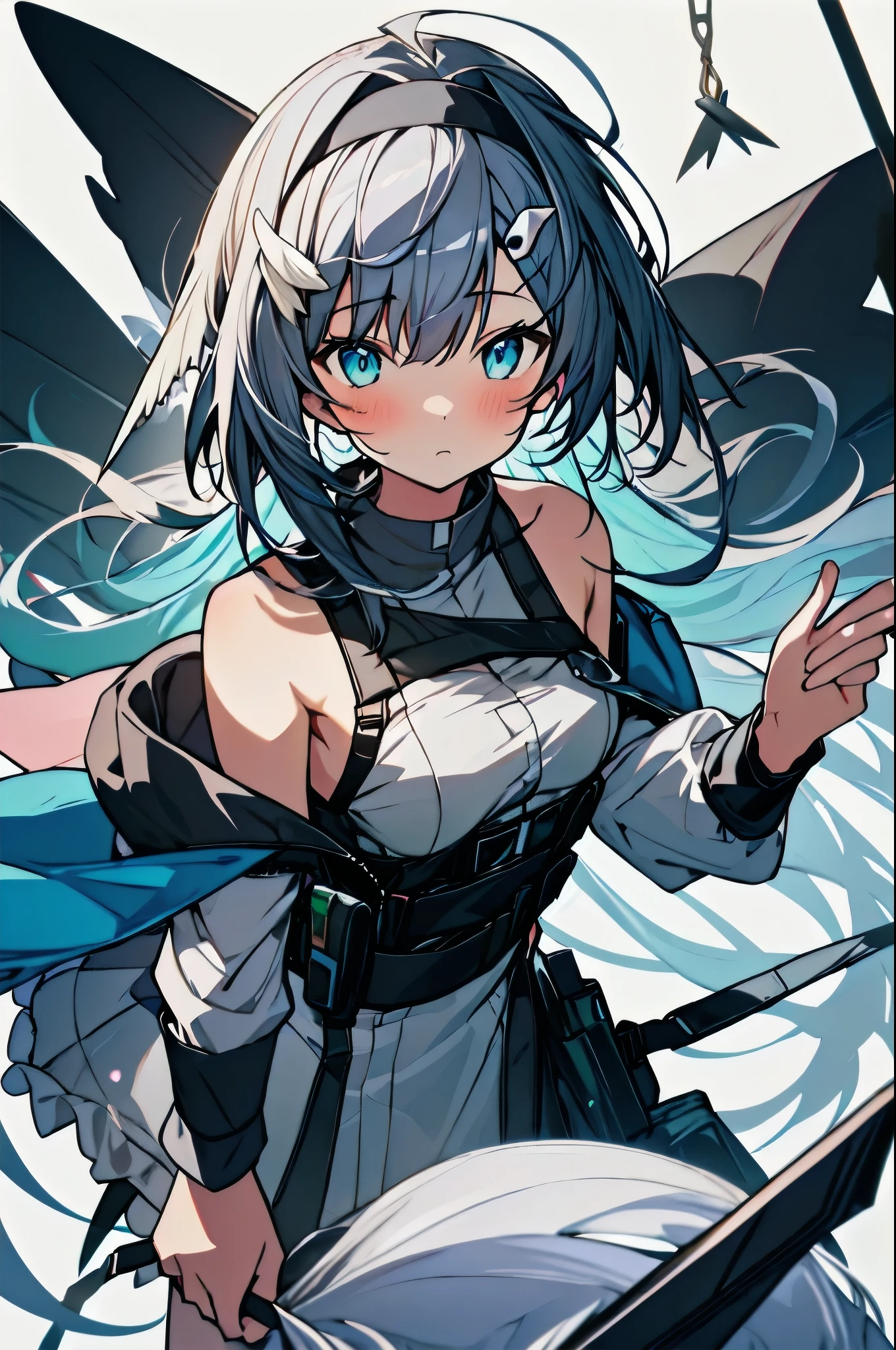 1girl, solo, looking at viewer, blush, bangs, blue eyes, simple background, hair ornament, white background, ribbon, holding, bare shoulders, closed mouth, upper body, gray hair, hairband, frills, hairclip, off shoulder, star \(symbol\), aqua eyes, star hair ornament, holding controller, best quality, amazing quality, very aesthetic, absurdres, best quality, amazing quality, very aesthetic, absurdres,{{{Cape hood}}},(feet focus),white pantyhose,{{la pluma_(arknights)}}