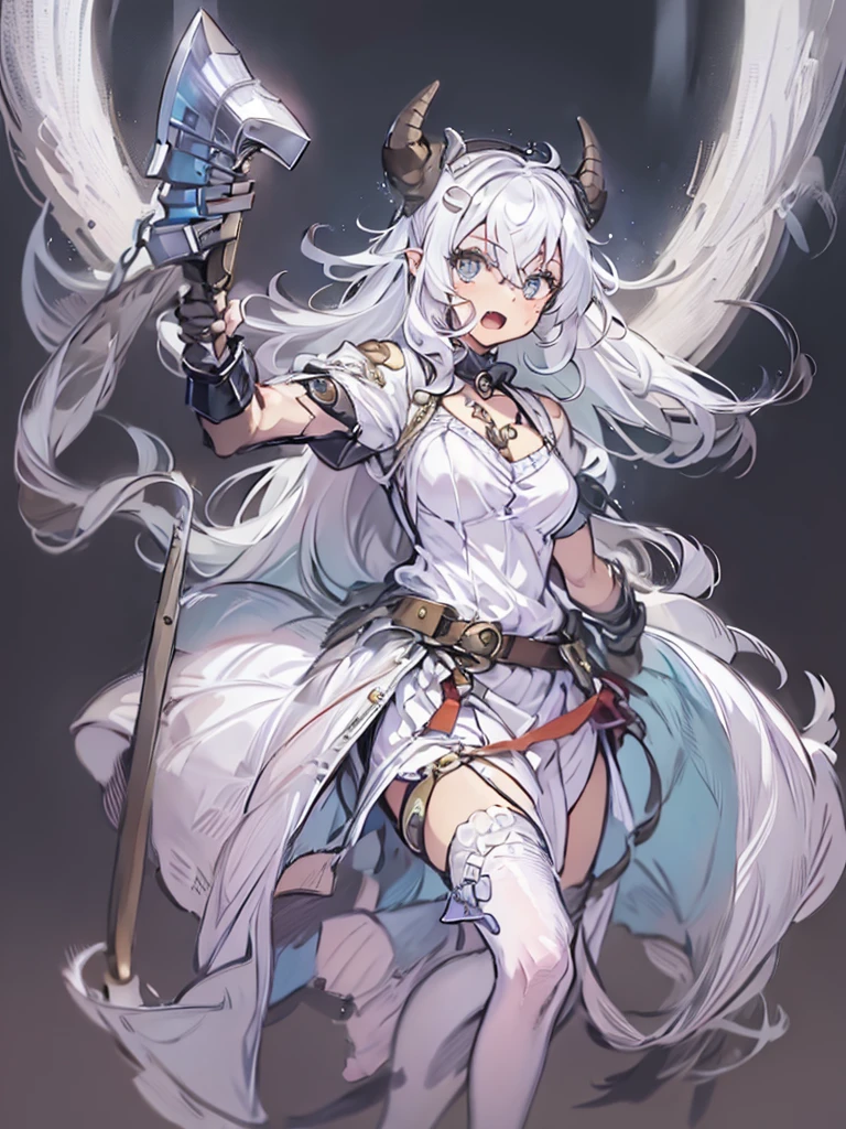 ((Masterpiece)), ((best quality)), ((ultra-detailed)), 1girl, solo, a , white hair, blue eyes, detailed face, curly horns, dragonian head, dragonian body, dragonian hairstyle, dragonian horns, dragonian tail, one white tail, white long dress, black choker, ((circlet on head)), bangs, open mouth, (fighting stance:1.5), shouting, roaring, glaring, (holding axe:1.2), full body, molten dungeon, dungeon, image resolution 1024