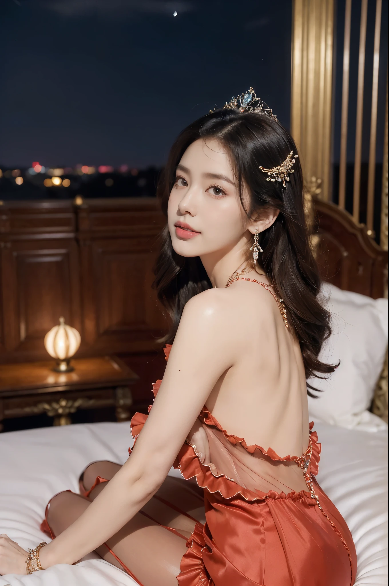 (Extremely meticulous CG),(((8k))),wallpaper,(Portrait above the chest:1.3),((Extremely refined and beautiful)),(((Masterpiece))),(((best qualtiy))),(((Ultra High Resolution))),beautiful light up,realistic shaded,(Smooth and flawless fair skin:1.5),(Extremely exquisite facial details:1.2),(ultra-detailed:1.5),((a beautiful girl,solo)),(shoulder length straight bob hair:1.3),(small head:1.2),(princess crown:1.2),(slender face:1.2),(Exquisite makeup:1.3),(smiling:1.2),(laughing:1.2),(blush:1.3),(perfect body:1.2),(earrings:1.2),(crystal necklace:1.3),(Bracelet:1.2),(Gorgeous red Gothic ruffled evening dress:1.5),((slim,thin)),(bare back:1.3),(towering hips:1.3),(slender legs:1.2),(nude pantyhose:1.5),(from back:1.3),(Sitting on the bed:1.3),(butt crack:1.3),(In a luxurious hotel bedroom:1.5),(Extremely luxurious decoration:1.5),(warm neon lights:1.3),(indoor:1.2),(Cyberpunk style:1.3),(detailed background:1.5),(night scene:1.5),(upper body:1.3),