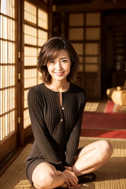 8k, highest quality, masterpiece, Genuine, graphic, Detailed description, Natural light, Soft sunlight, Japanese female 1 person, 40 years old, A little brown hair, Short Bob, Black knit dress, wear(Dress wide open on the chest:1.5)、Shapely bust、(Full view of the valley:1.5)、バストDetailed description、Sit with your legs together, knees bent to the left and right, and your buttocks flat on the ground.、(Person sitting in duck pose:1.5)、(forward leaning posture:1.2)、Mischievous smile、Gentle smile、A shy smile、White teeth、Mini knit dress(You can see beautiful thighs:1.2)、The clothes are in a big mess、Ring on left ring finger、手のDetailed description、Western-style room、sofa、indirect lighting