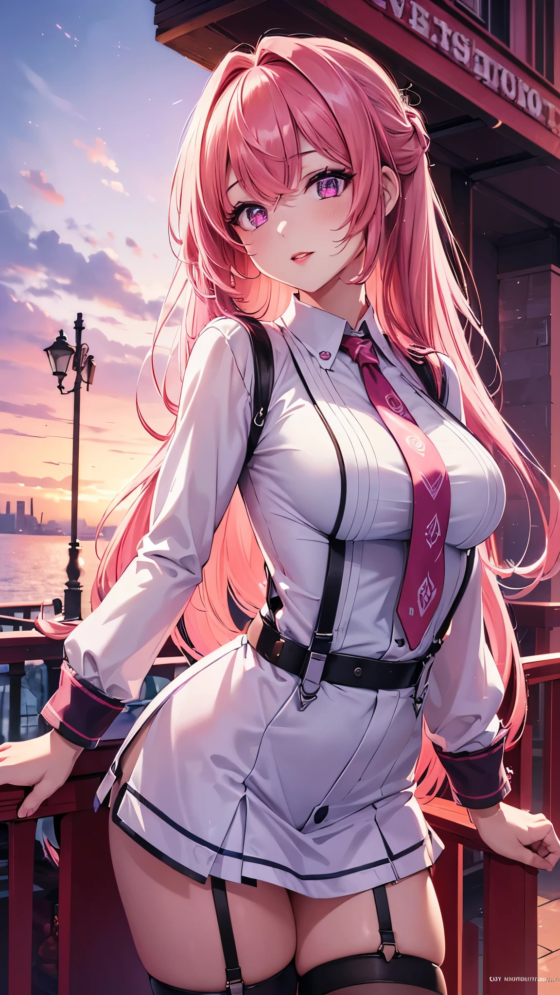 (Best quality at best,8K,A high resolution,tmasterpiece:1.2),Digital artwork, one girl，detailed face，detailed eyes，pink hair，long straight hair，glowing purple eyes，red lip，Suspenders